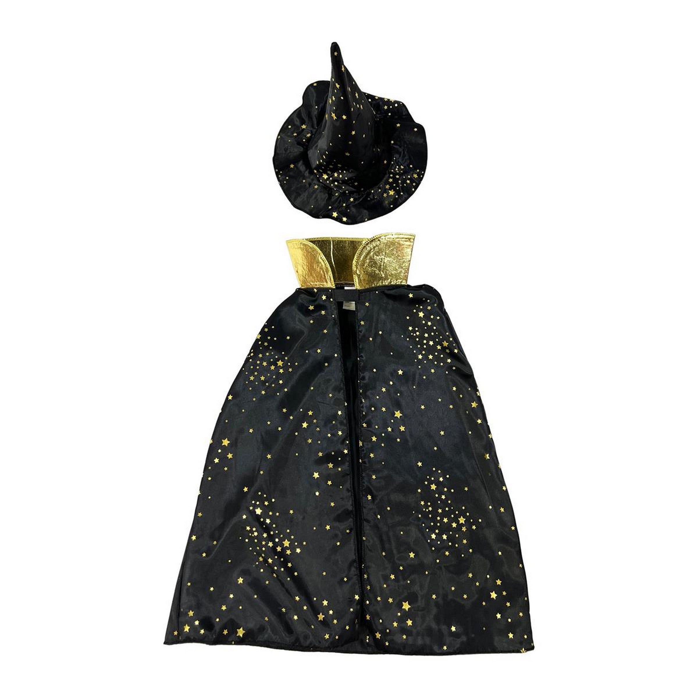 Party Gear Halloween Cape with Hat - Black with Gold Stars - Kid 3-5,6-8 Years VRT