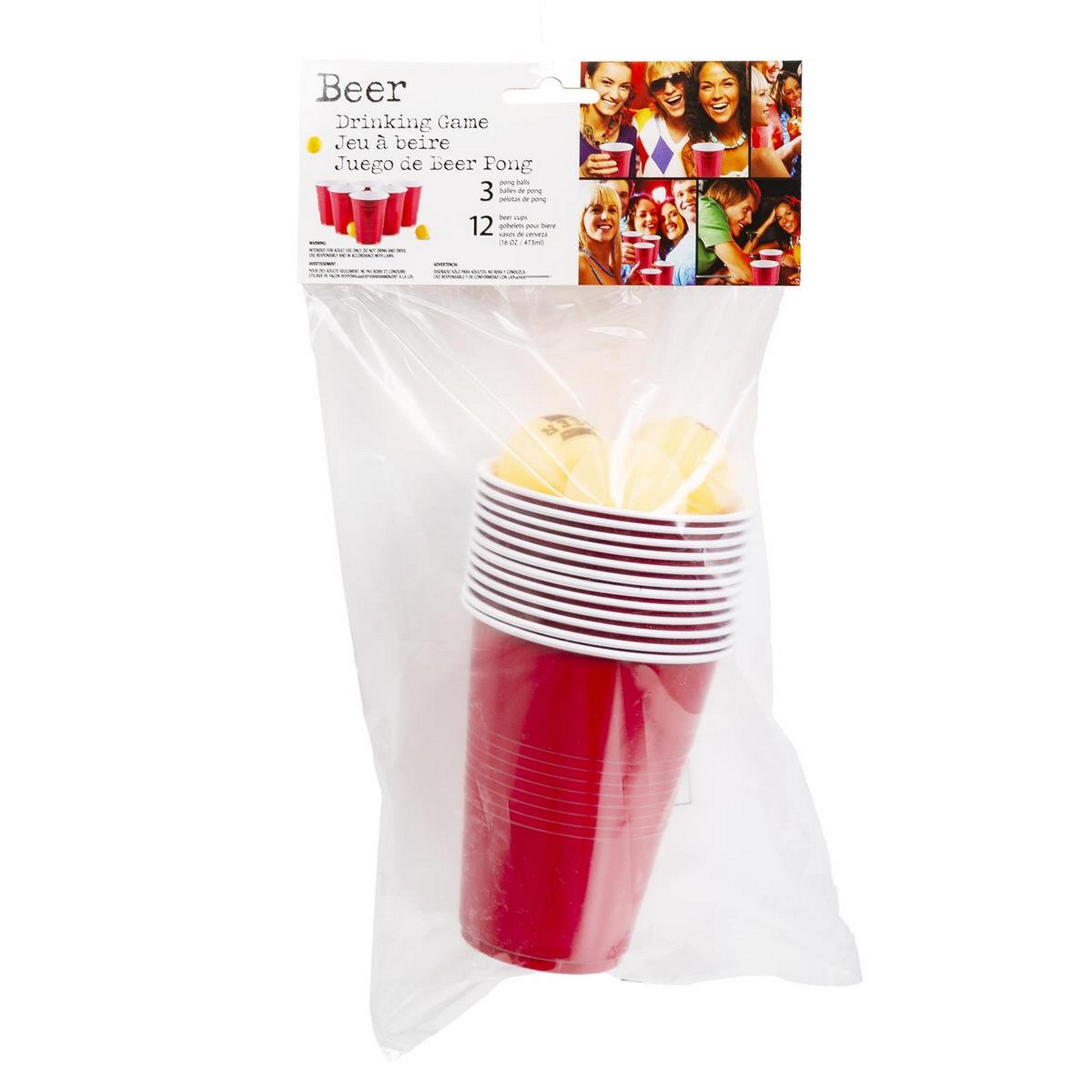 Beer Pong Party Game - 12 Cups 16oz - 3 Balls 1.5in