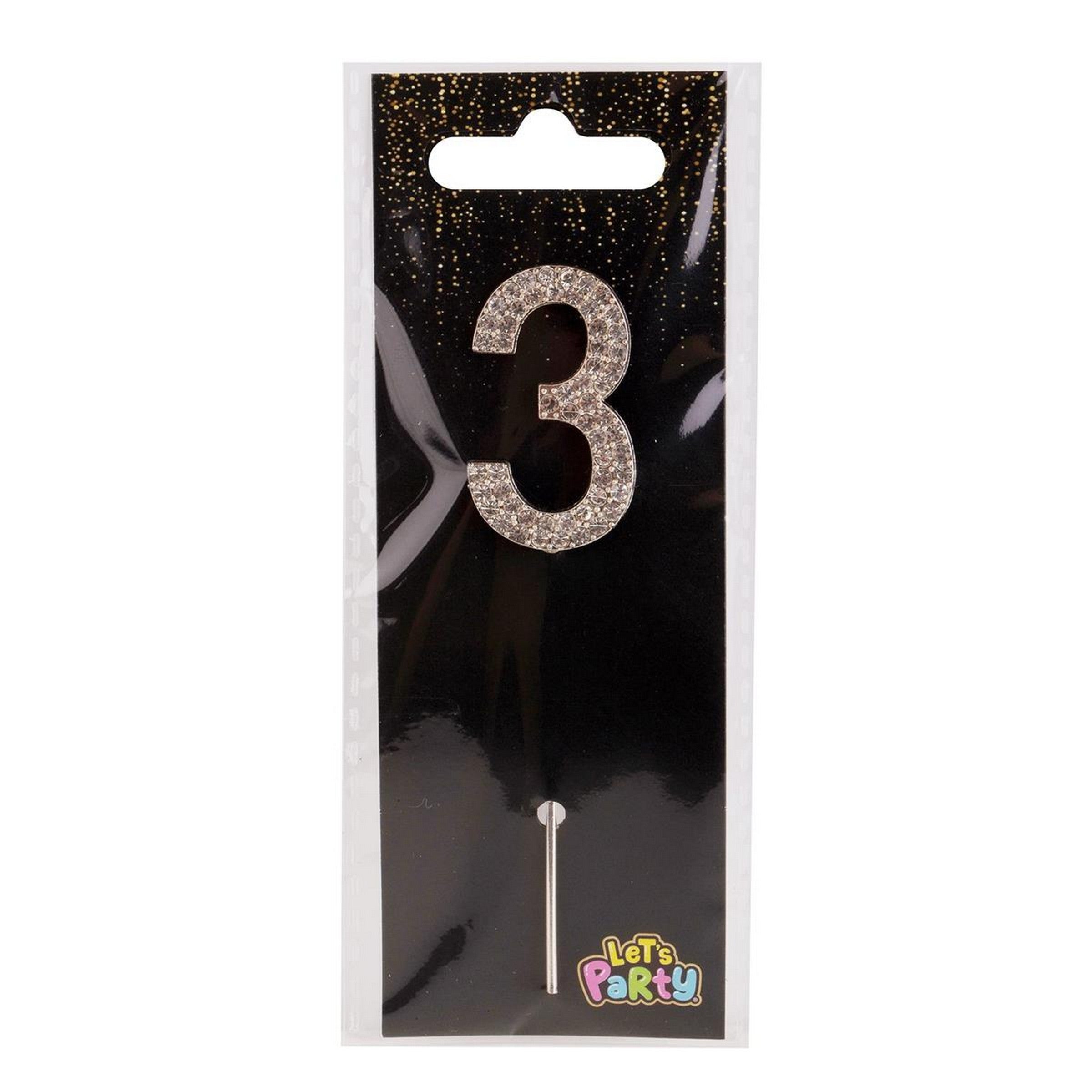 Let's Party #3 Rhinestone Numeral Cake Topper Silver 1.5in