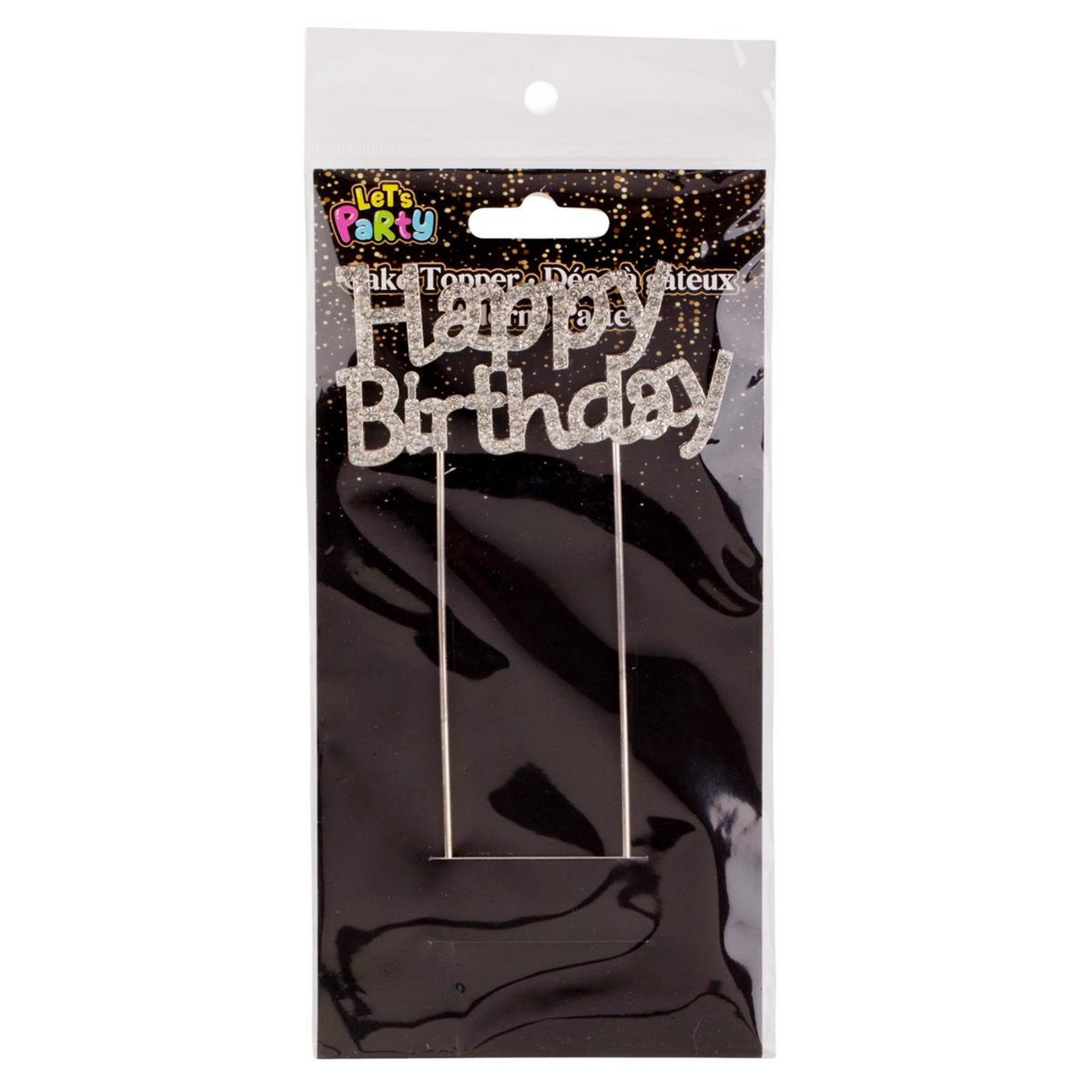 Let's Party Silver Rhinestone Happy Birthday Cake Topper 3.5in 