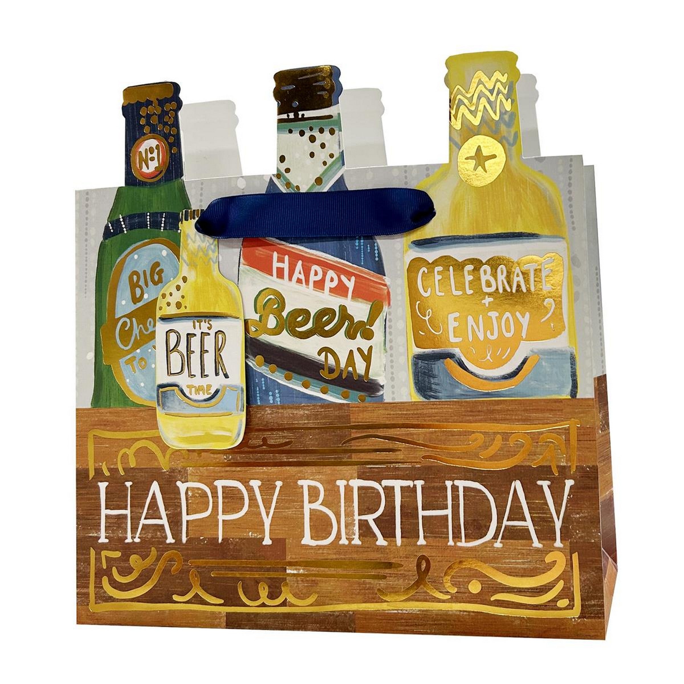 Paper Trendz Matte Gift Bag with Gold Accent - Birthday Bottle 11.5x9.5in