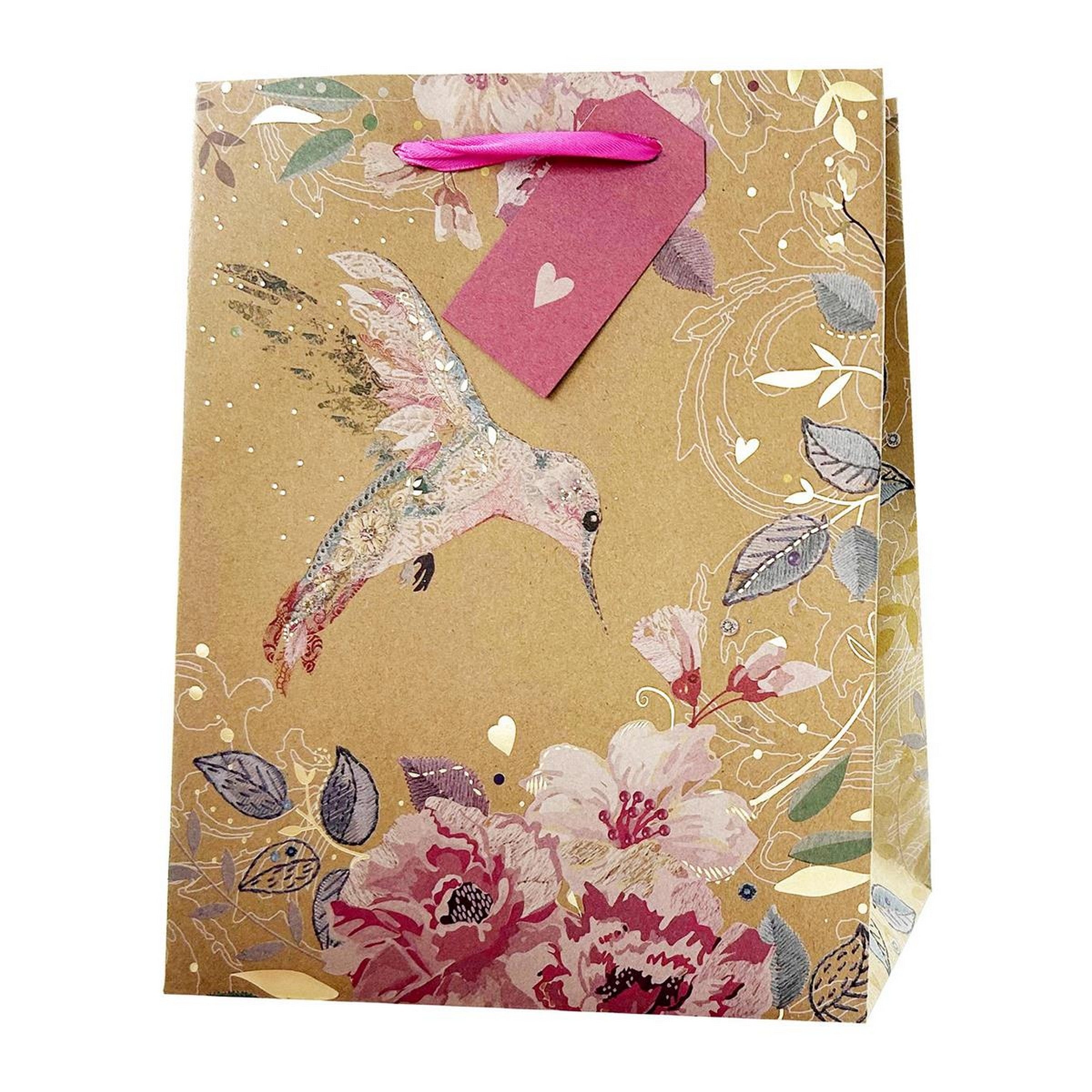 Paper Trendz Kraft Gift Bag with Metallic Accent - Hummingbird Large 10.2W x12.6H x5D in