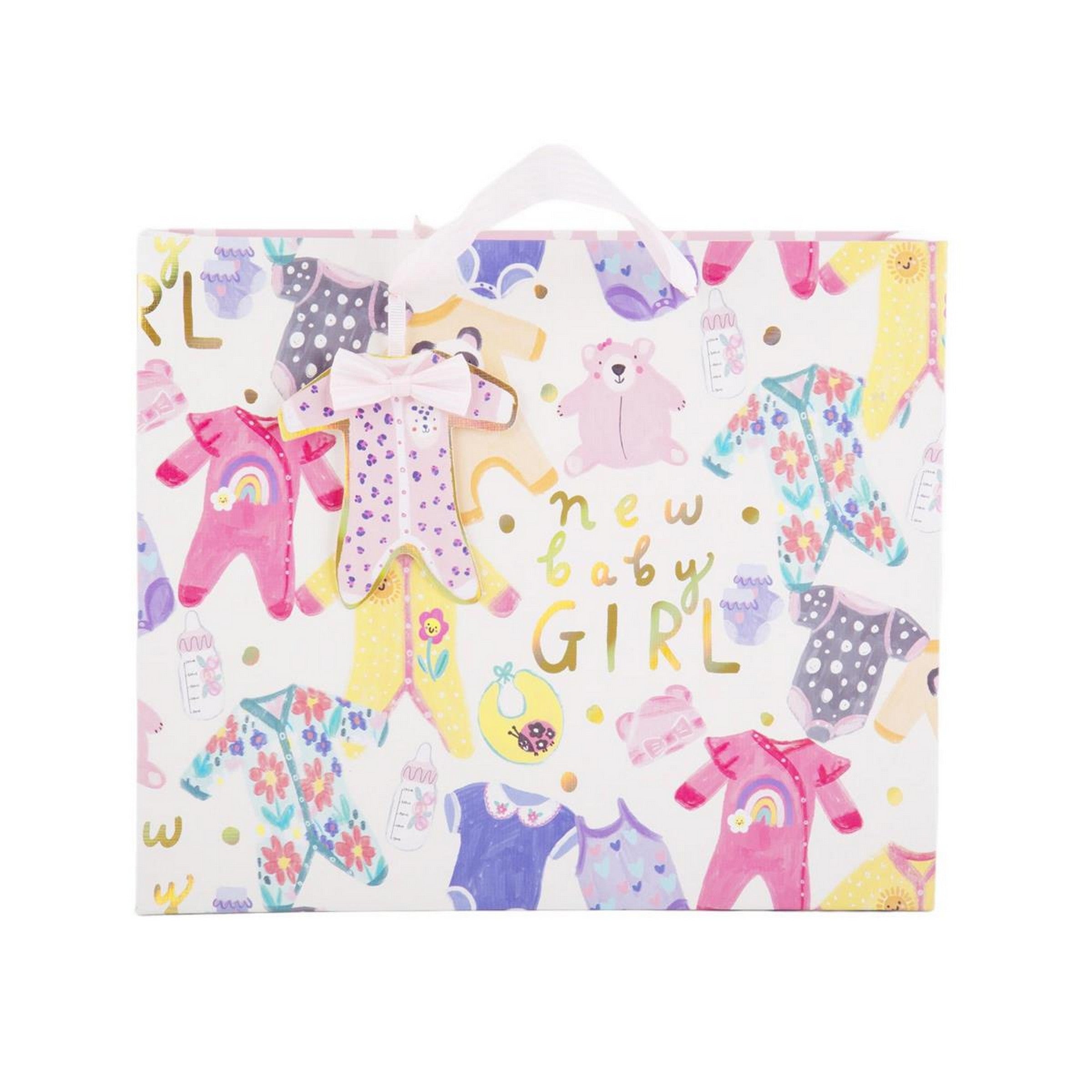 Paper Trendz Matte Gift Bag with Gold Accent - Baby Girl Large Horizontal 12.6W x10.2H x5D in