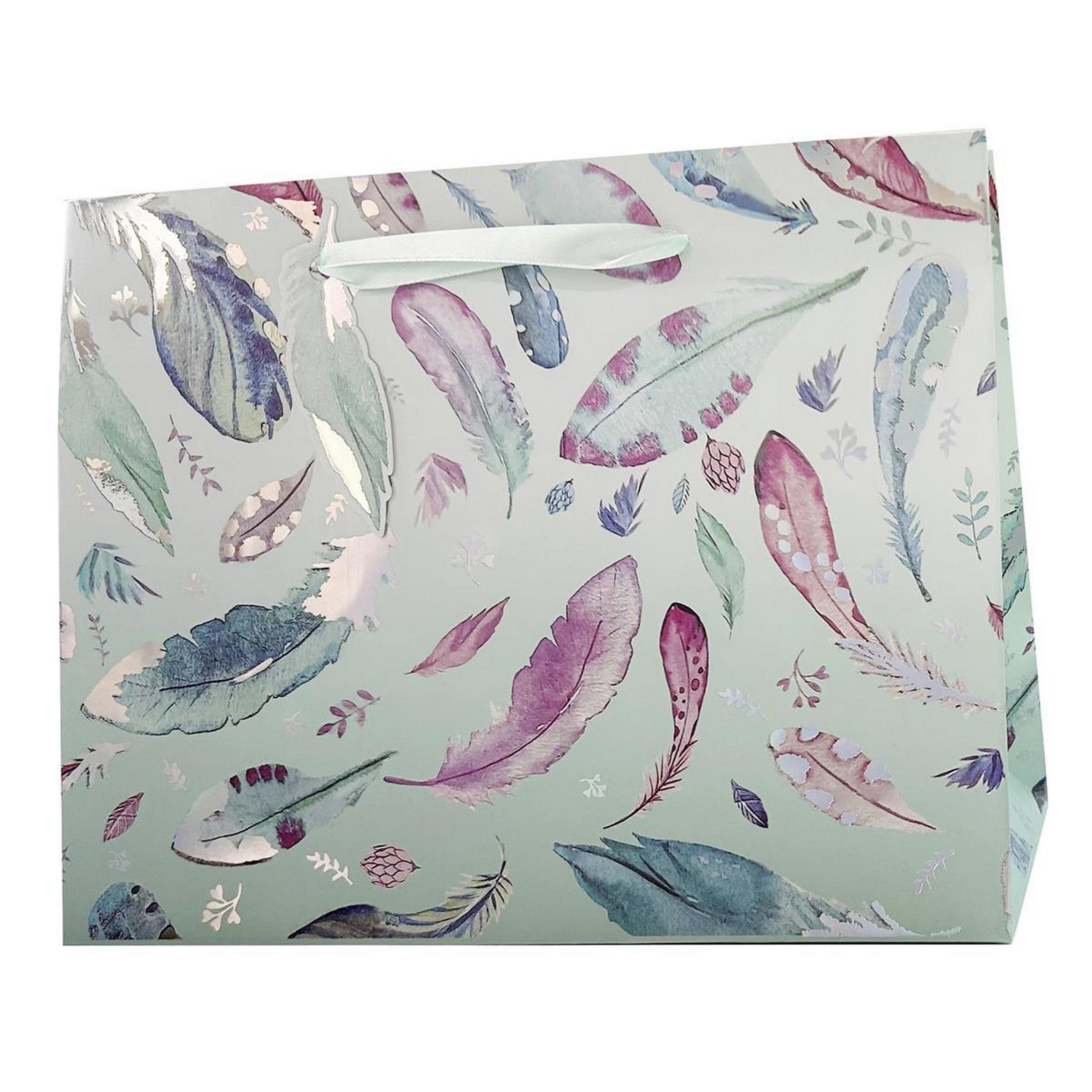 Paper Trendz Matte Gift Bag with Silver Accent - Feathers Large Horizontal 12.6W x10.2H x5D in