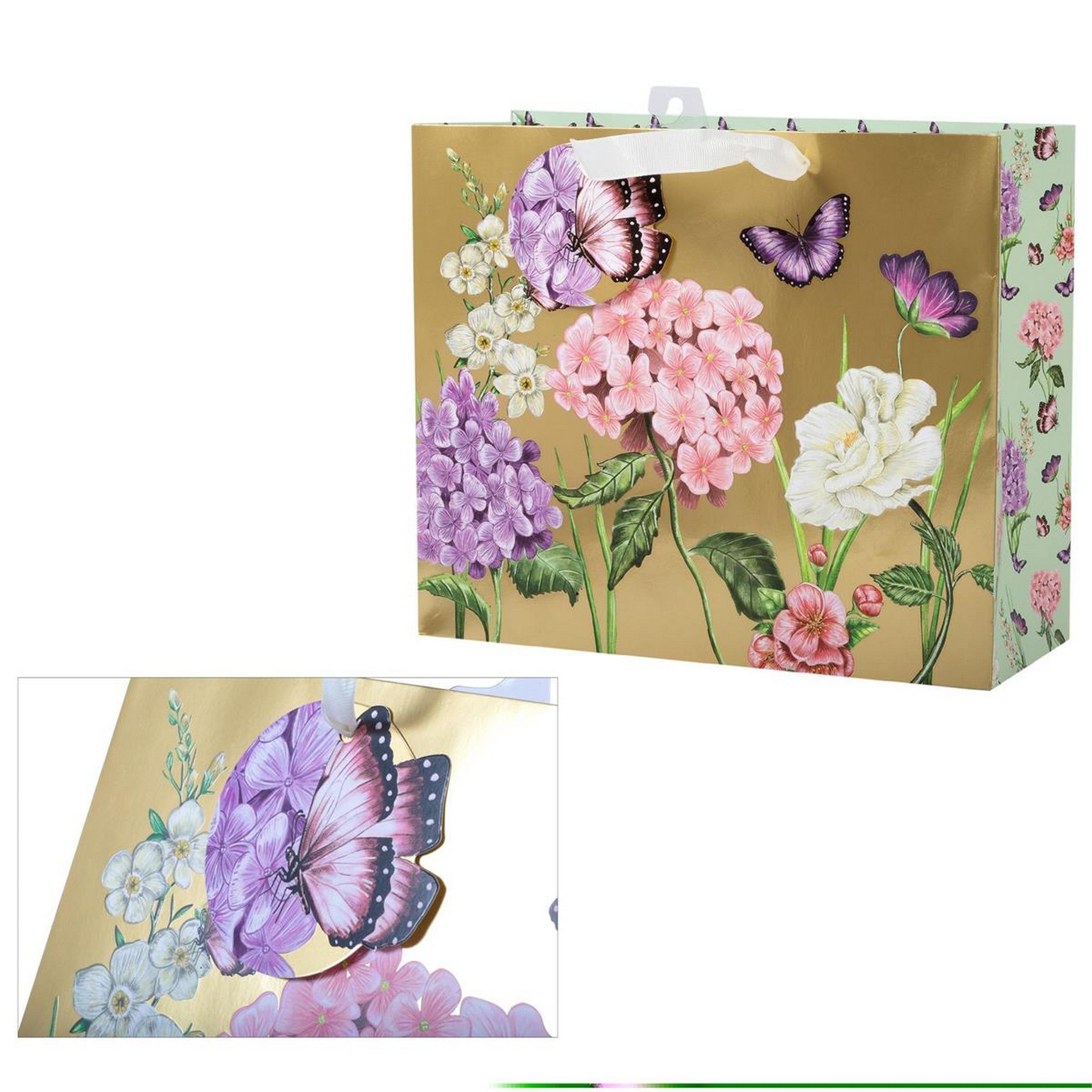 Paper Trendz Gold Gift Bag with Matte Flowers Large Horizontal 12.6W x10.2H x5D in