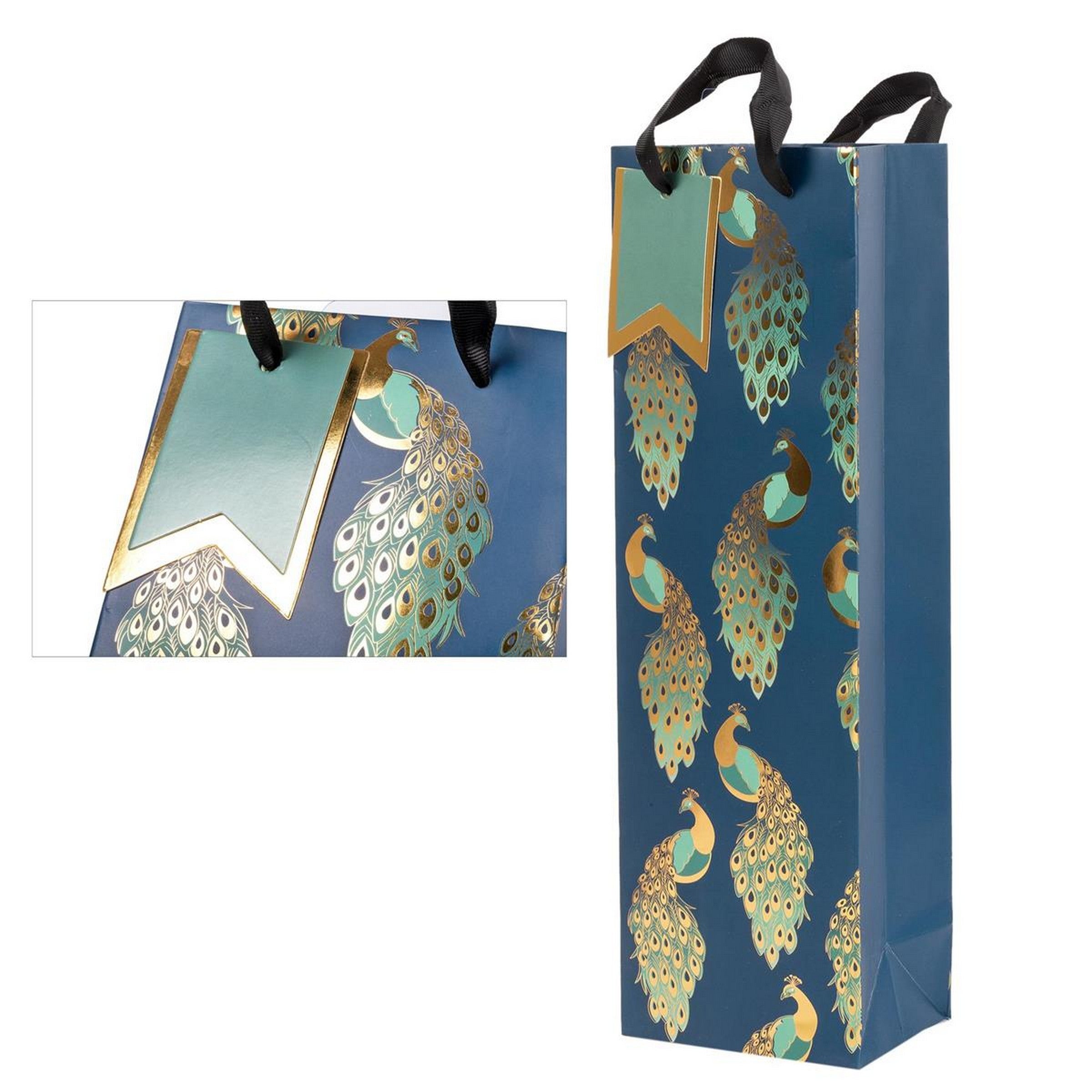 Paper Trendz Matte Bottle Gift Bag with Gold Accent - Peacock 4.75W x 14H x 3.35D in