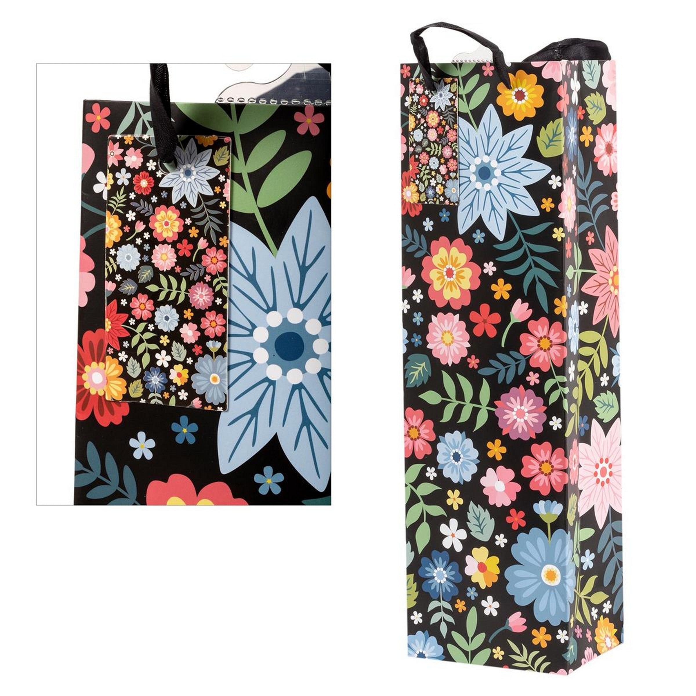 Paper Trendz Matte Bottle Gift Bag - Black Floral 4.75W x 14H x 3.35D in