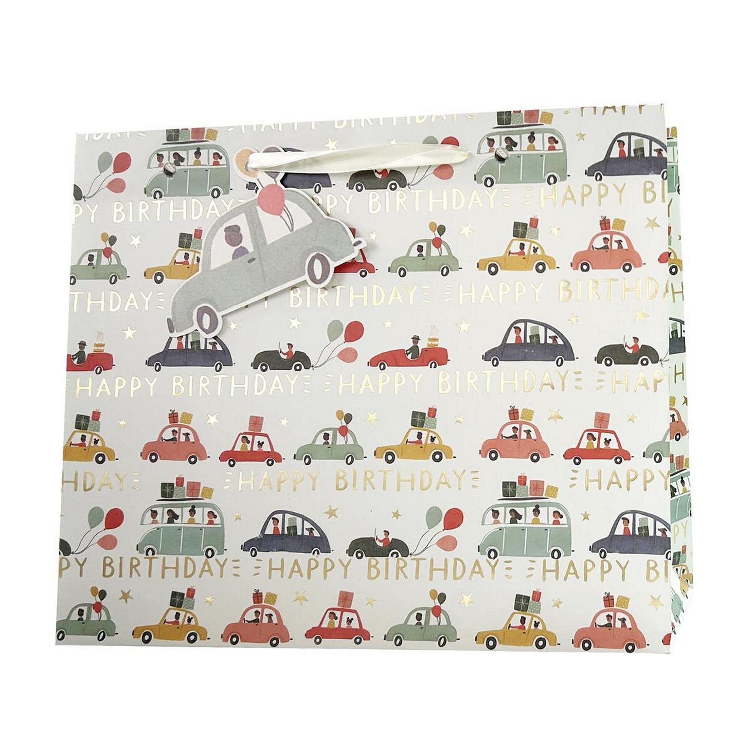 Paper Trendz Matte Gift Bag with Gold Accent - Birthday Cars Medium Horizontal 9W x7H x3.9D in