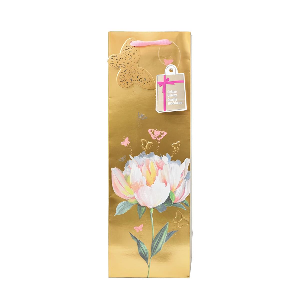 Floral Butterfly Gold Wine Bottle Gift Bag - 4.7"x 14.2"x3.35"