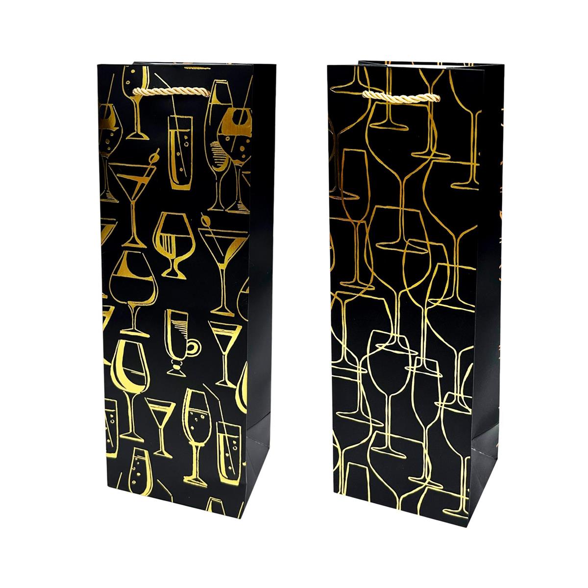 Paper Trendz - Bottle Gift Bag - Black with Gold Motif