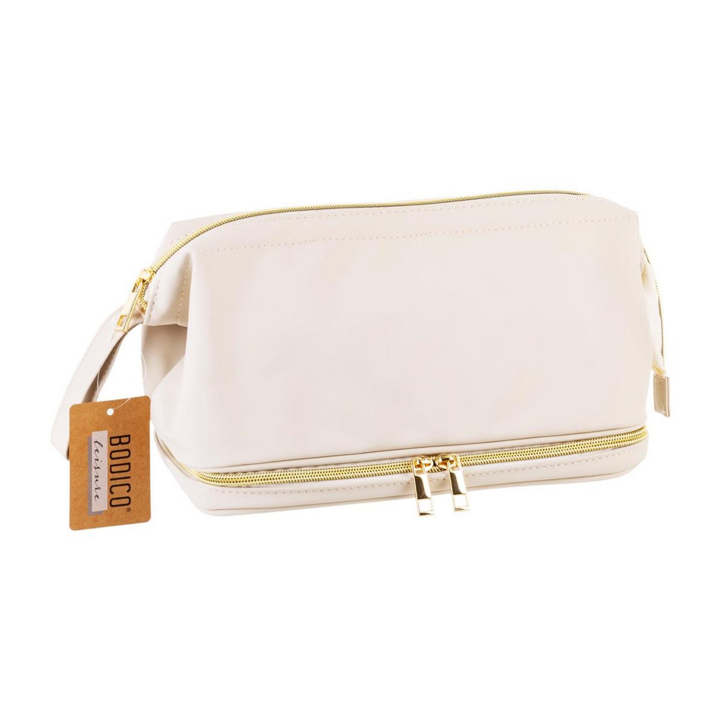Bodico Cosmetic Bag with Brush Compartment - Beige - 70% Pu/30% Polyester 11x5x6in