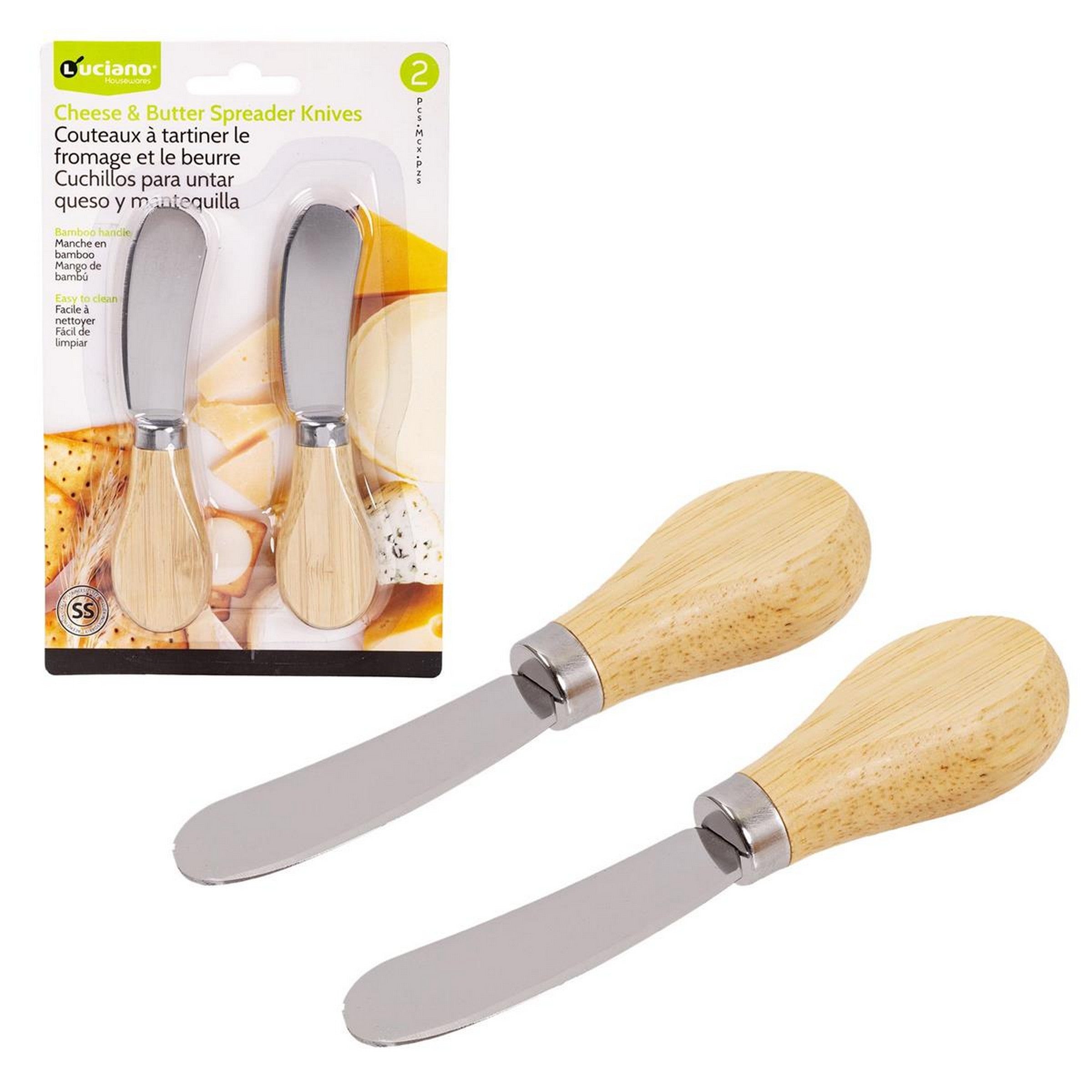 Luciano 2 Stainless Steel Cheese Spreader Knives with Bamboo Handle 4.75in 