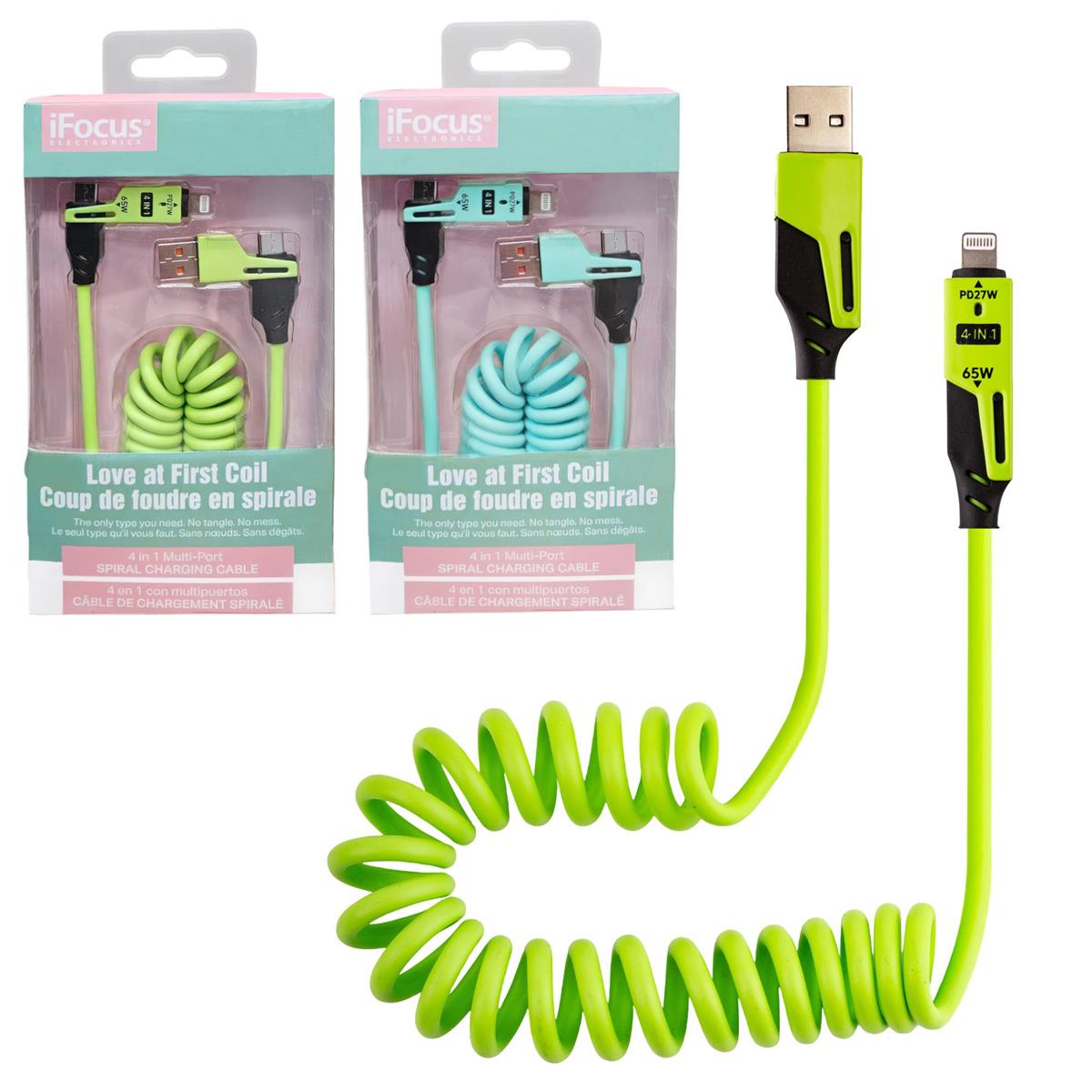 iFocus - USB Charging Cable - 4in1 Multi Connectors Spiral 65W 3ft