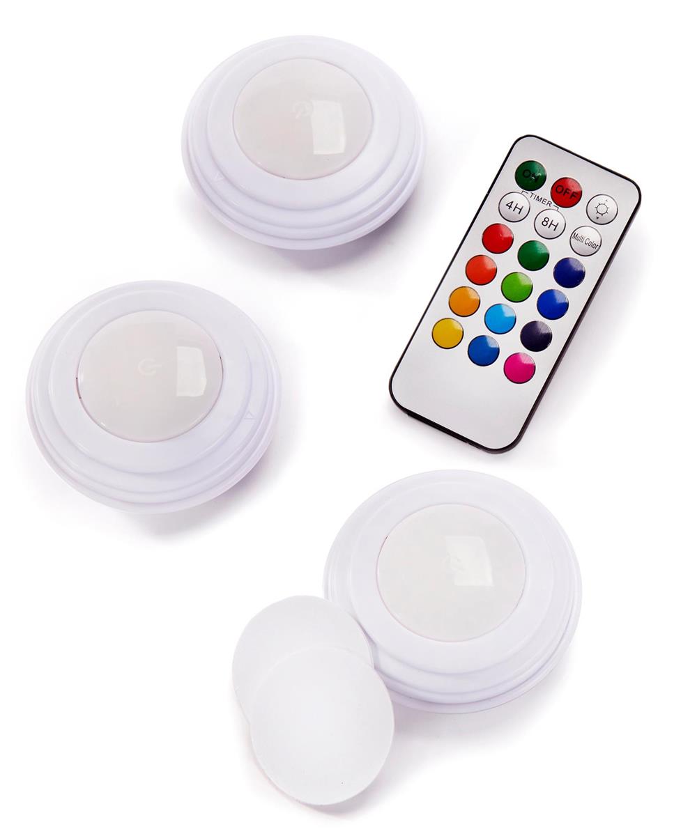 3 Push Light Set - Plastic Led with Remote Control 2.6x1in each