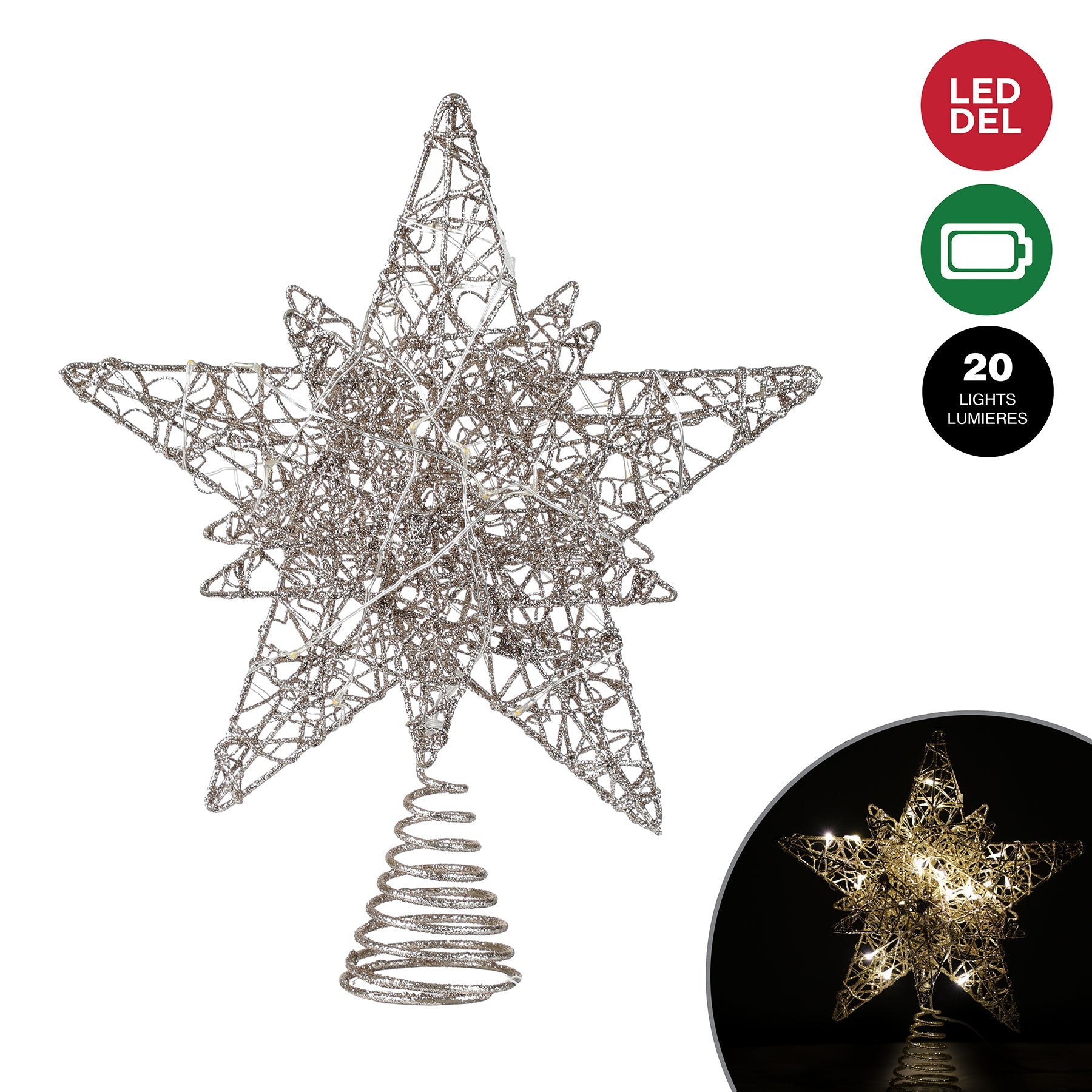 Christmas Light-up Glittered Star Tree Top 20 Warm White Battery Operated Led Lights - Champagne 9.8x2.95x11.8in