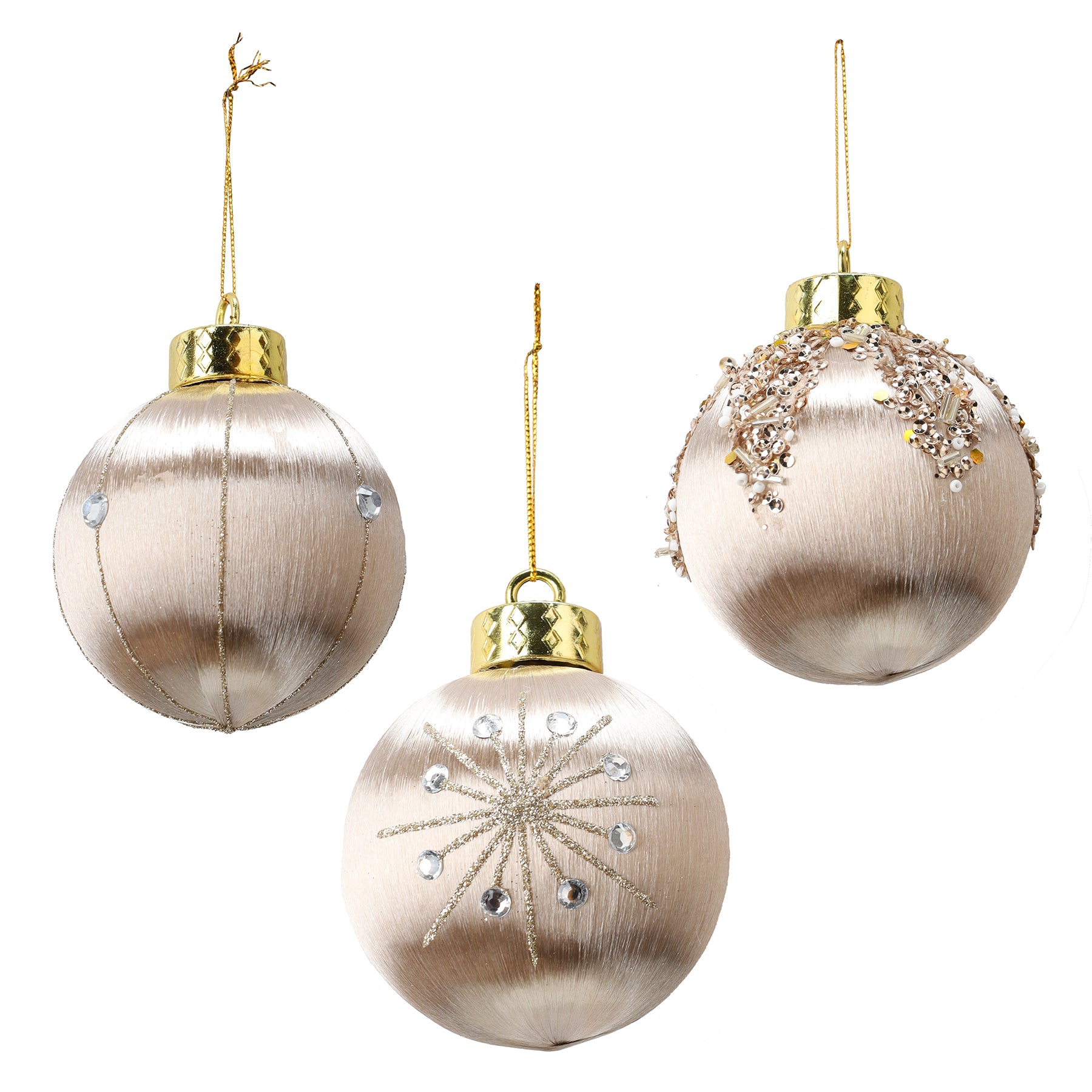 Christmas Gold Fabric Ball Ornament Decorated with Transparent Beads 3.1in VRT