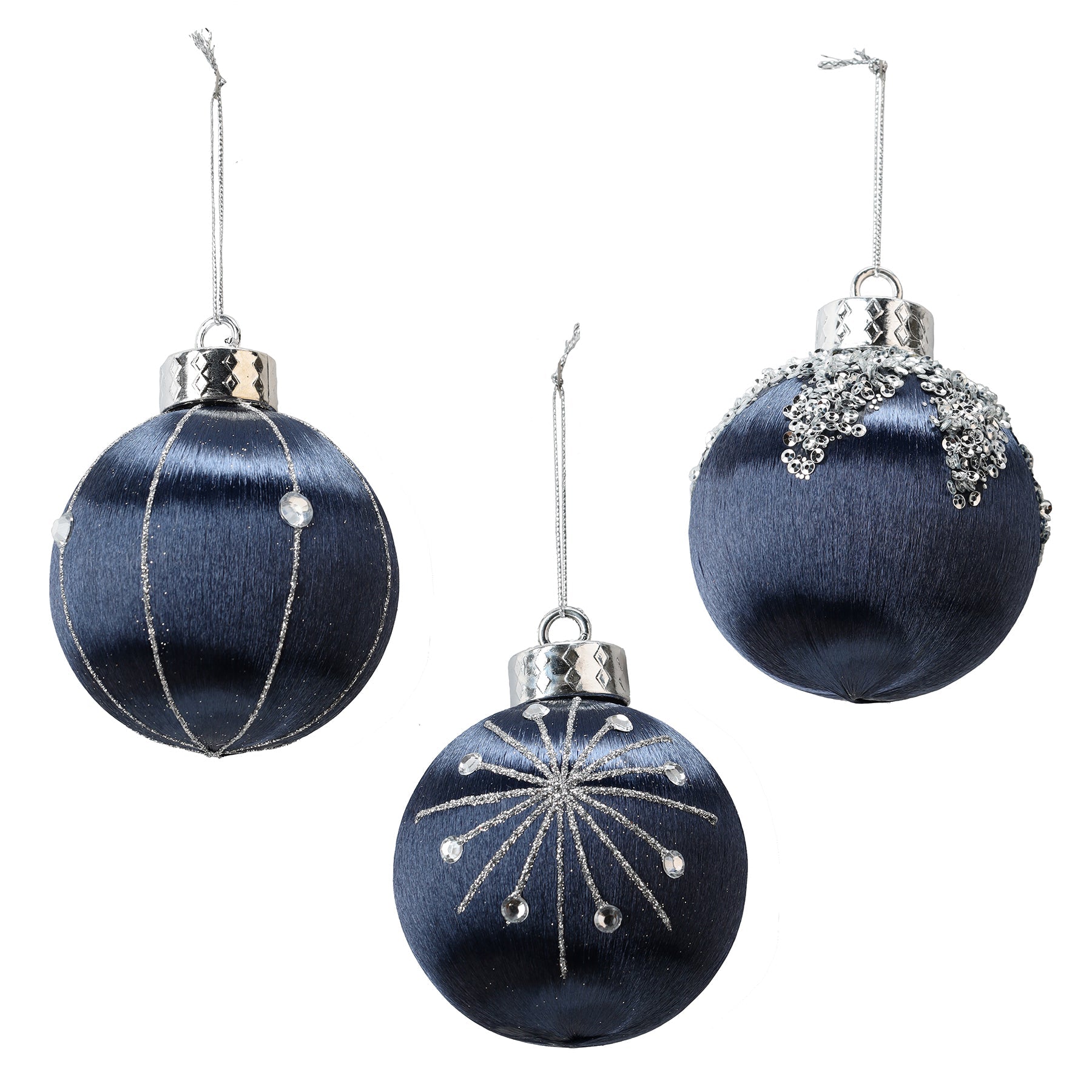 Christmas Blue Fabric Ball Ornament Decorated with Transparent Beads 3.1in VRT