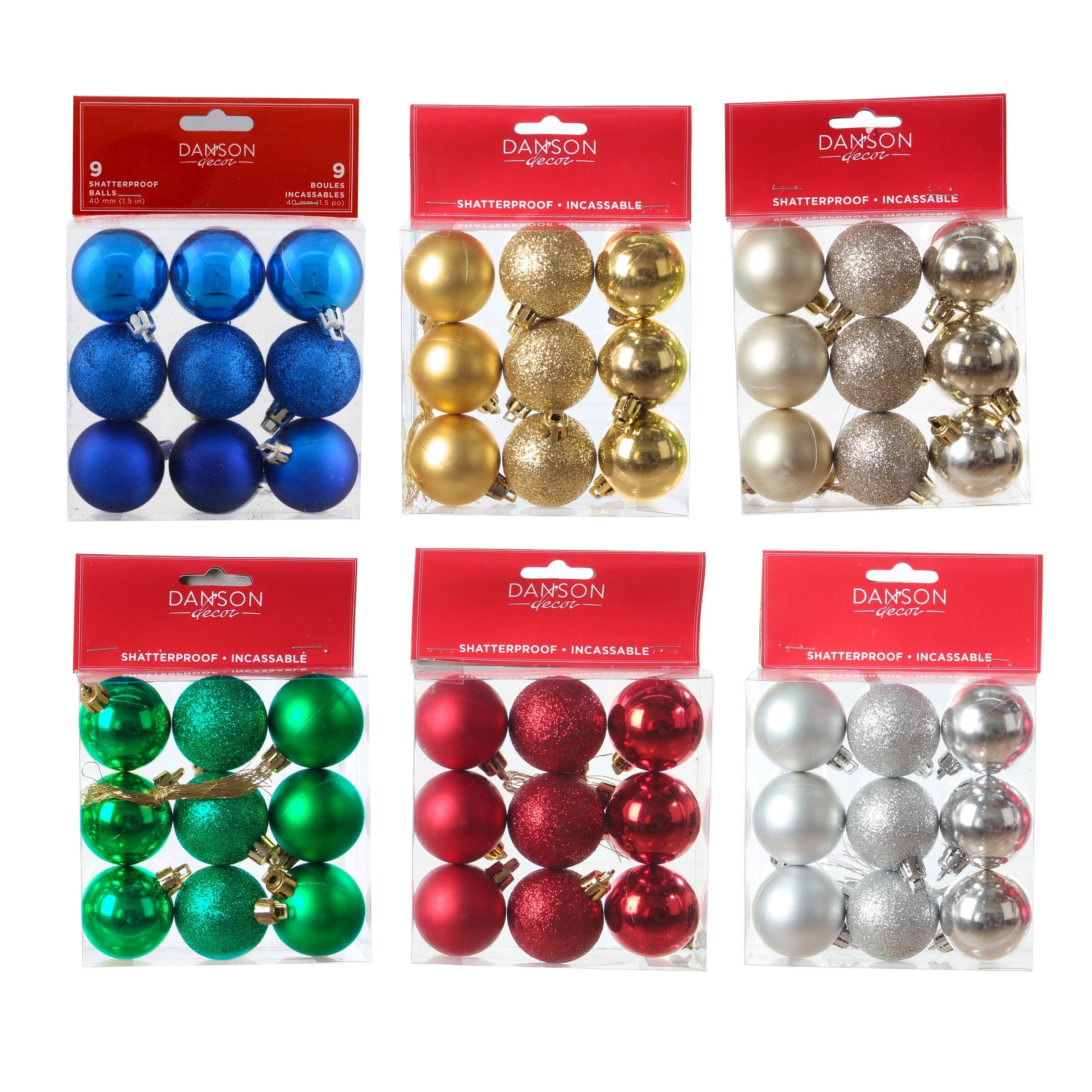 Christmas 9 Shatterproof Ball Ornaments - Shiny, Matte and Glitter 1.5in VRT