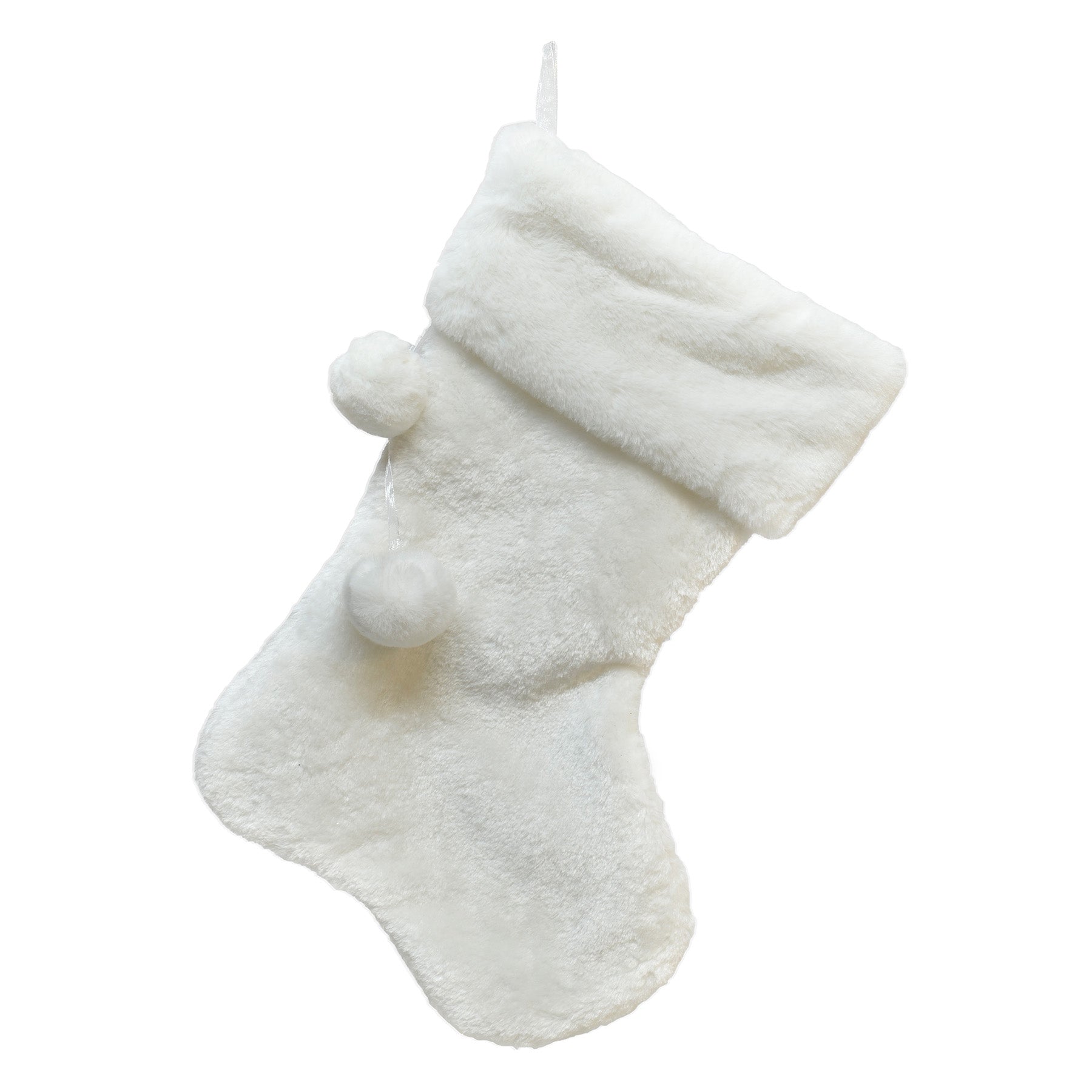 Christmas White Faux Fur Stocking with Pom Poms 18in