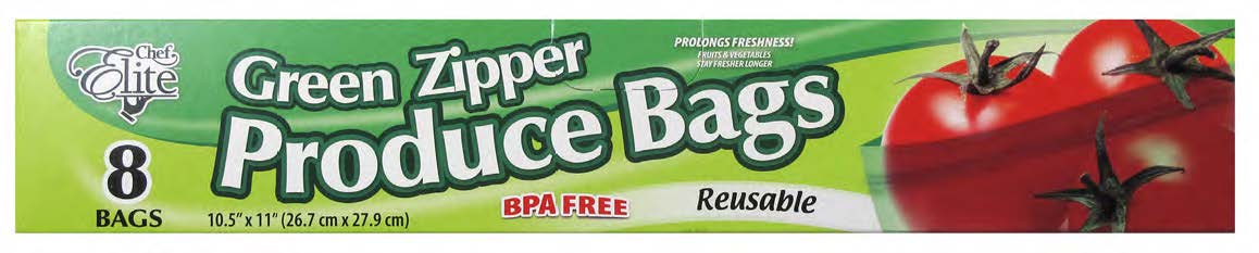 Chef Elite 8 Reusable Green Zipper Produce Bags 10.5x11in