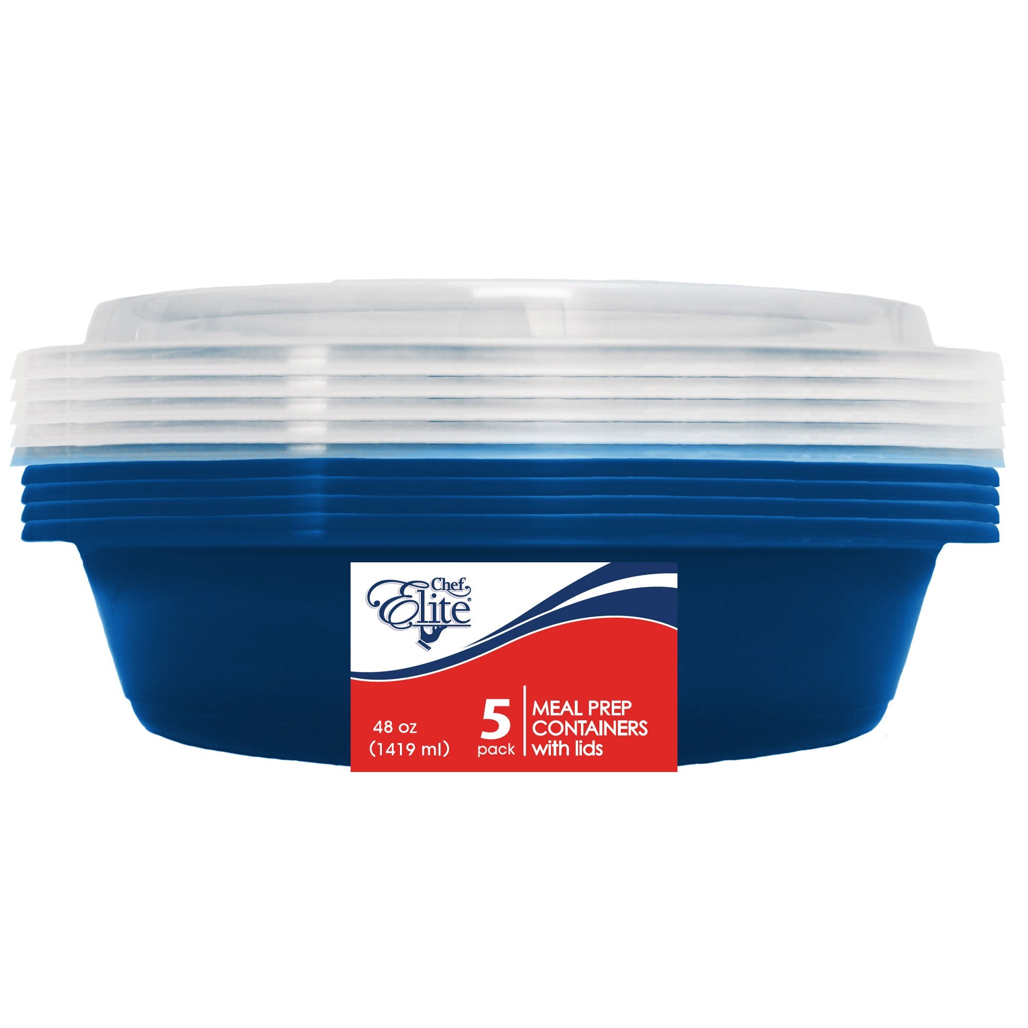 Chef Elite 5 Round Plastic Containers with Lids 1419ml (48oz) 8x2in 