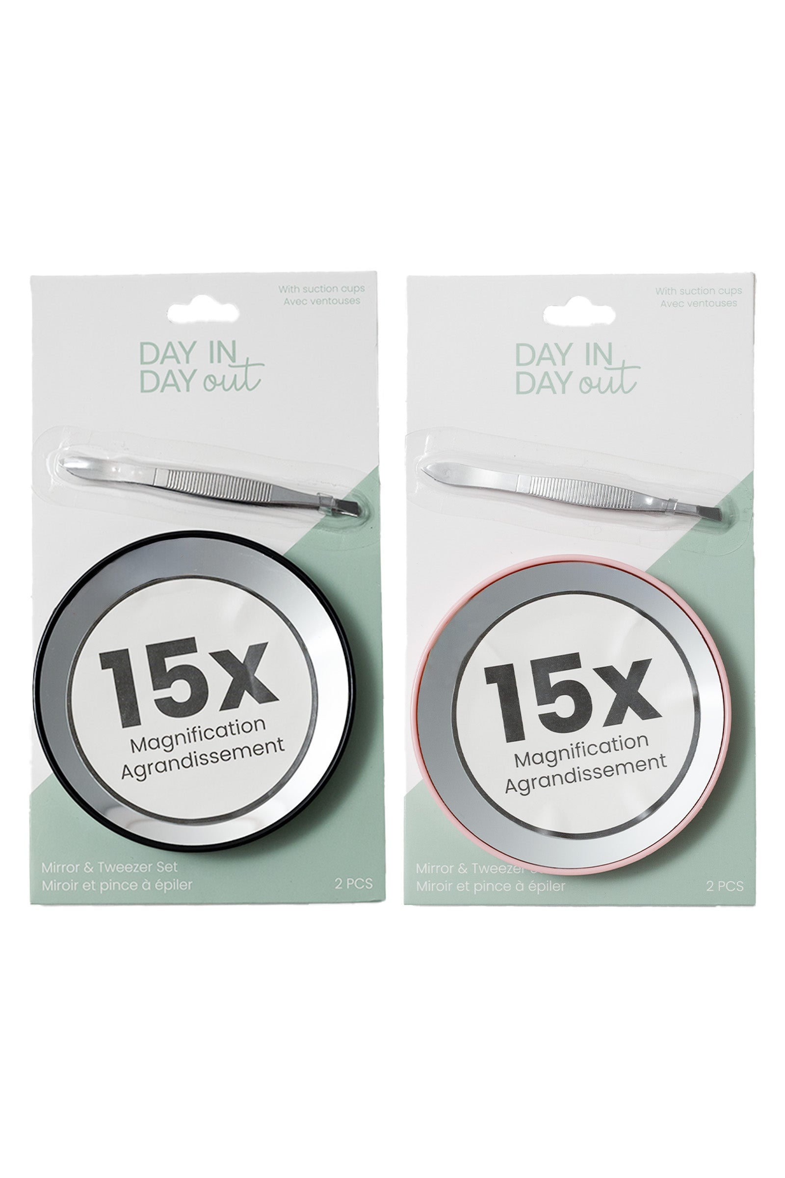 Day in Day Out 2pcs Mirror and Tweezer Set - 15x Magnification with Suction Cups 3.5in dia. VRT
