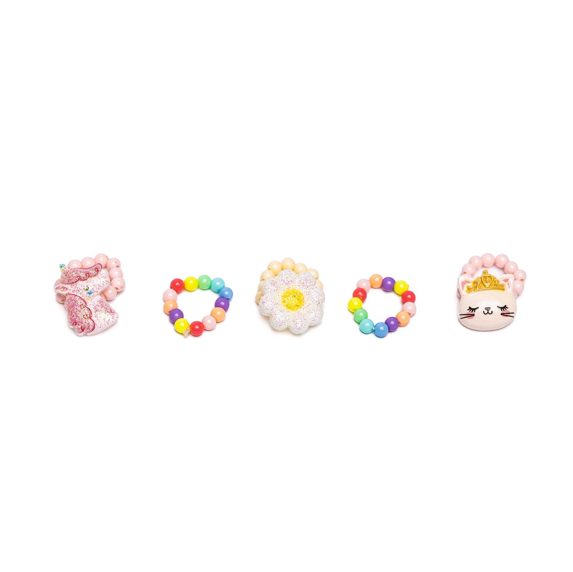 Kid's Jewelry Set of 5 Flower, Kitty, Unicorn Elastic Rings