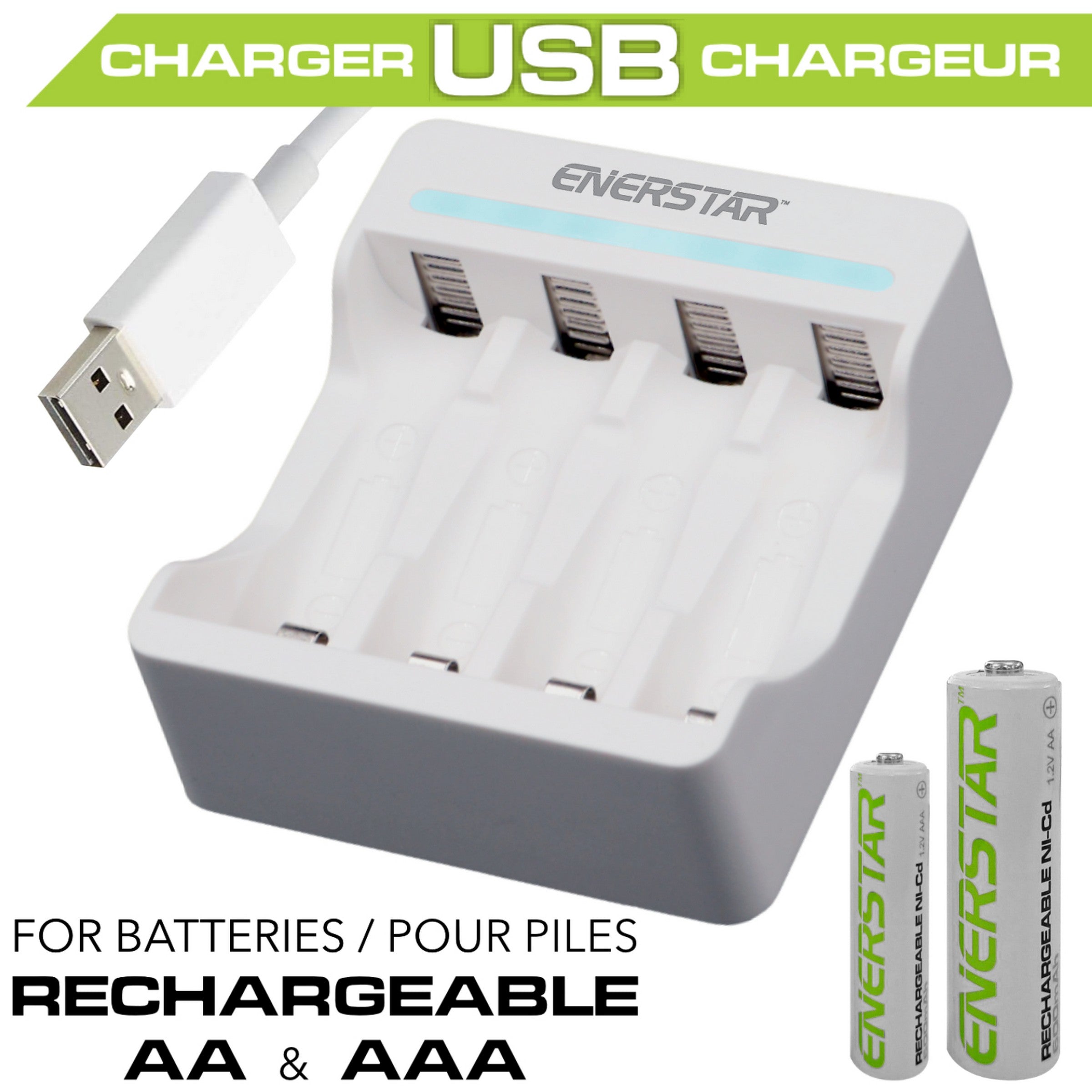 Enerstar USB Battery Charger for AA or AAA Batteries 2.8x2.5x0.9in