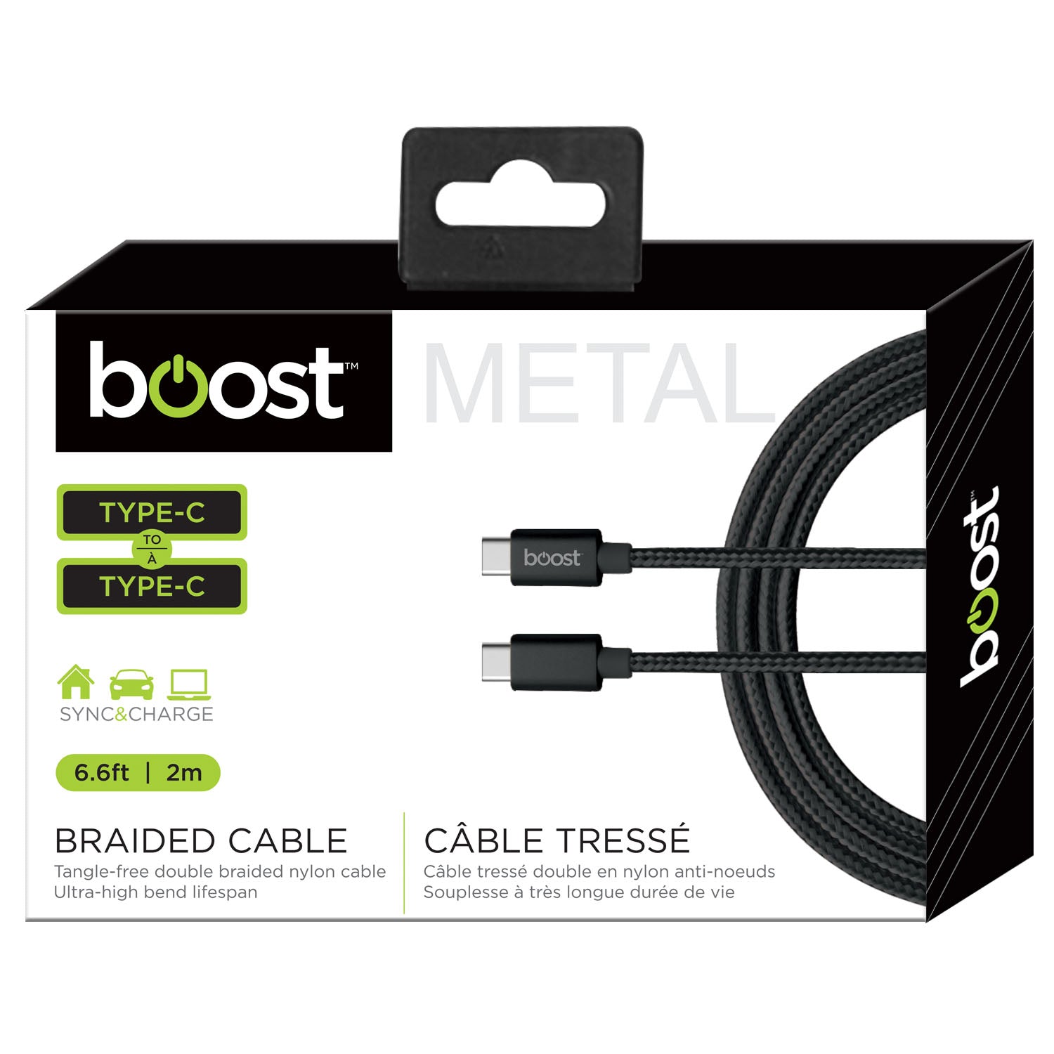 Boost Type-C to Type-C Black Braided Cable - Metal 6.6ft (2m) 