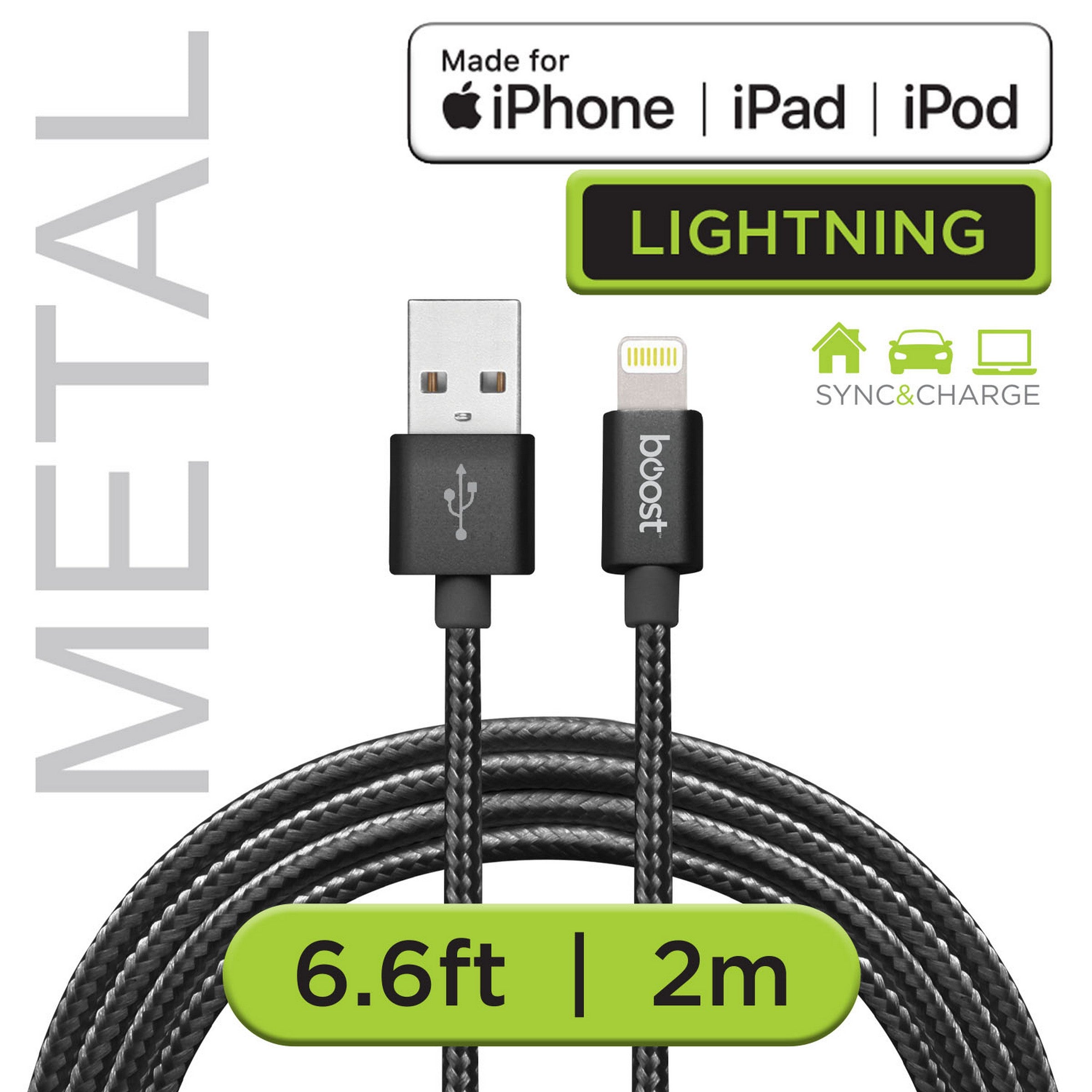 Boost Câble Tressé Noir Lightning - Métal  6.6pi (2m)