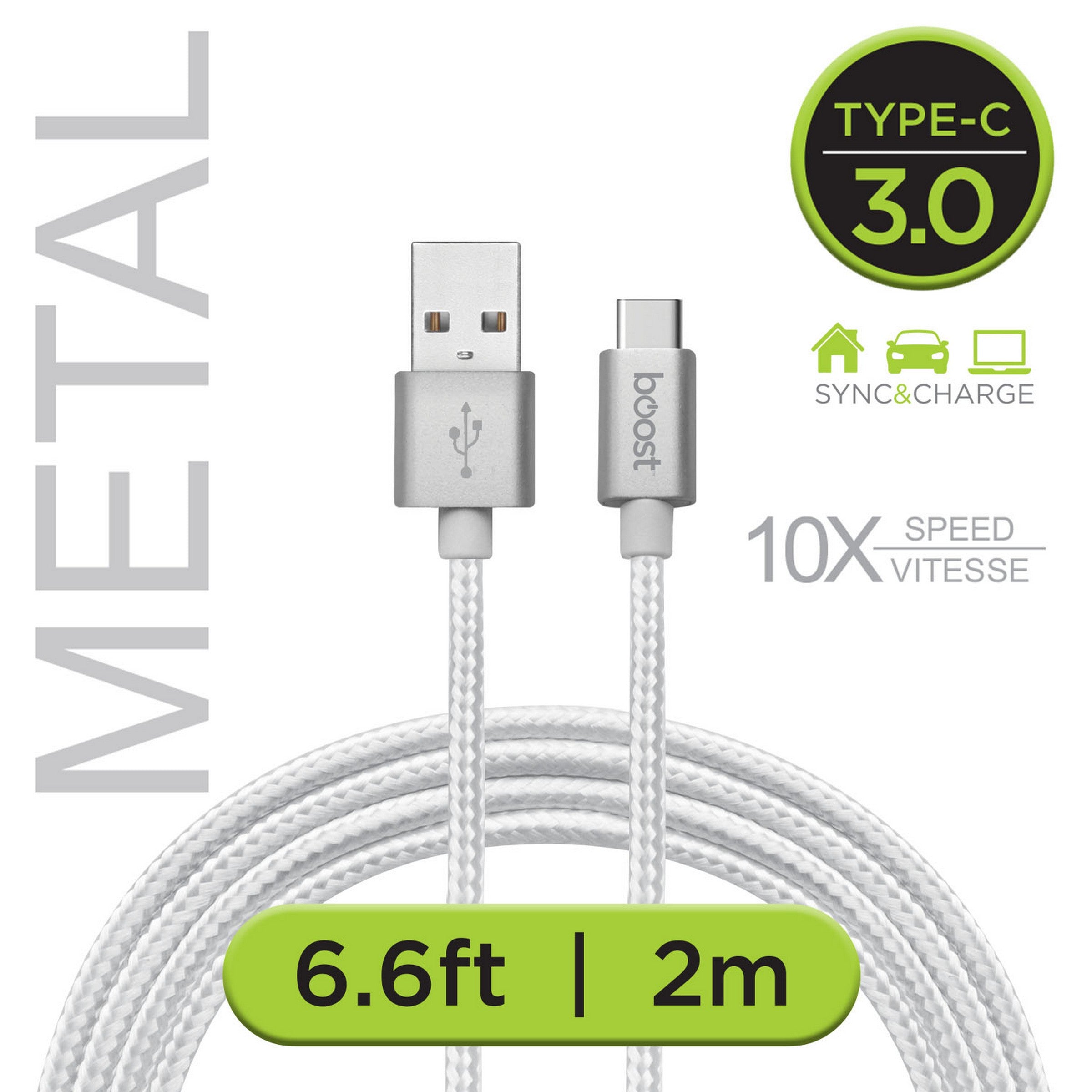 Boost White Type C 3.0 Braided Cable - Metal 10x Speed 6.6ft (2m)
