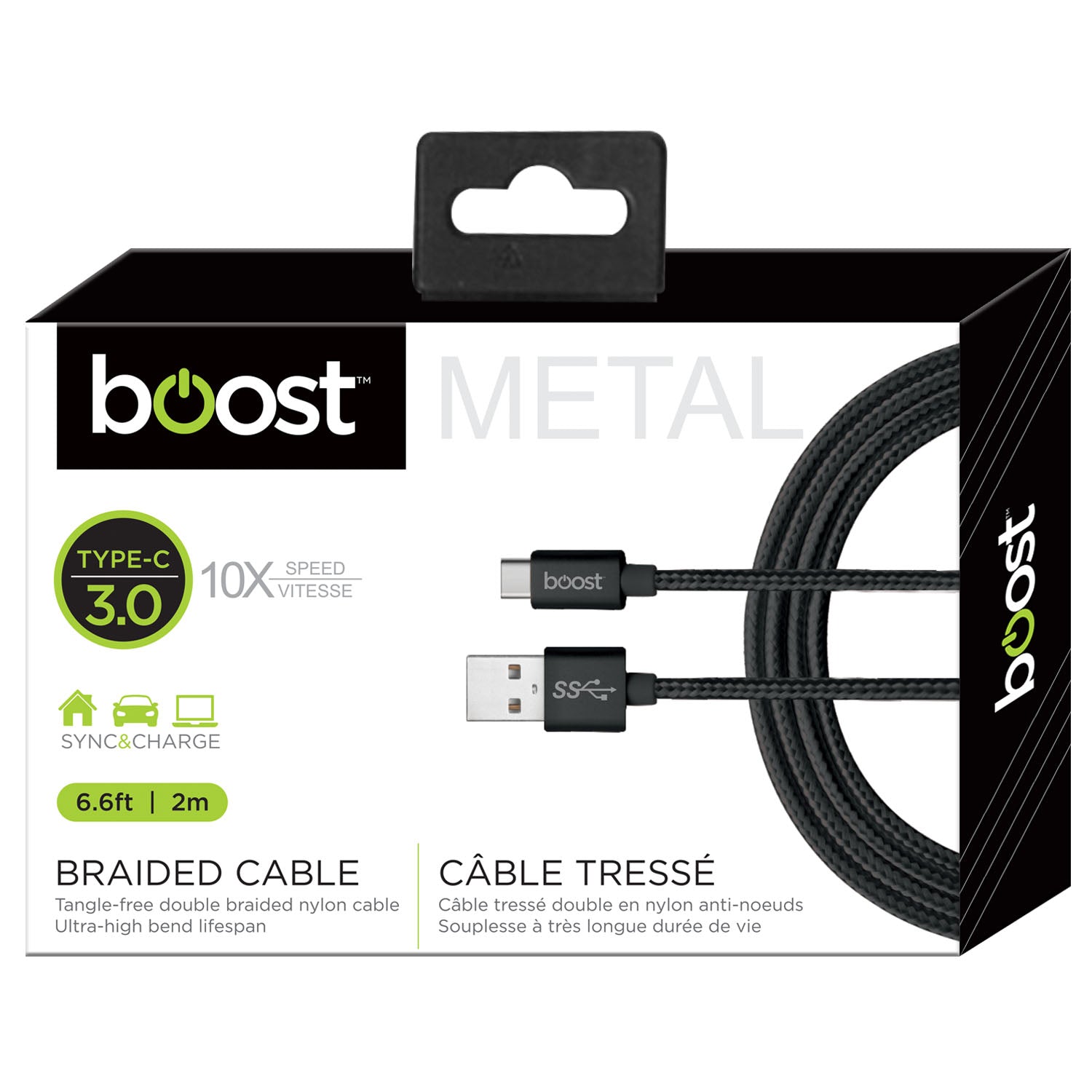 Boost Black Type C 3.0 Braided Cable - Metal 10x Speed 6.6ft (2m) 