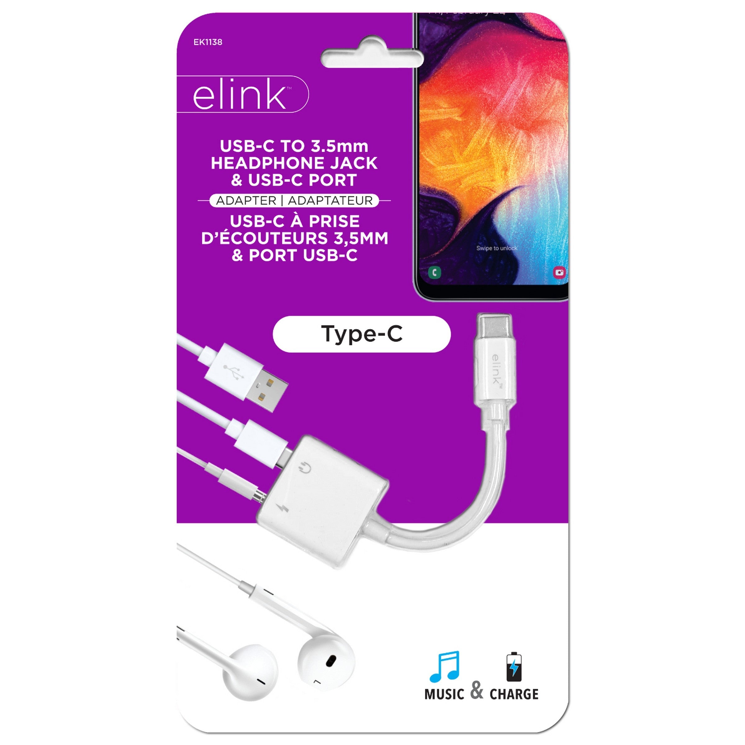 elink USB-C to 3.5mm Headphone Jack Adapter and USB-C Port 4.75in 