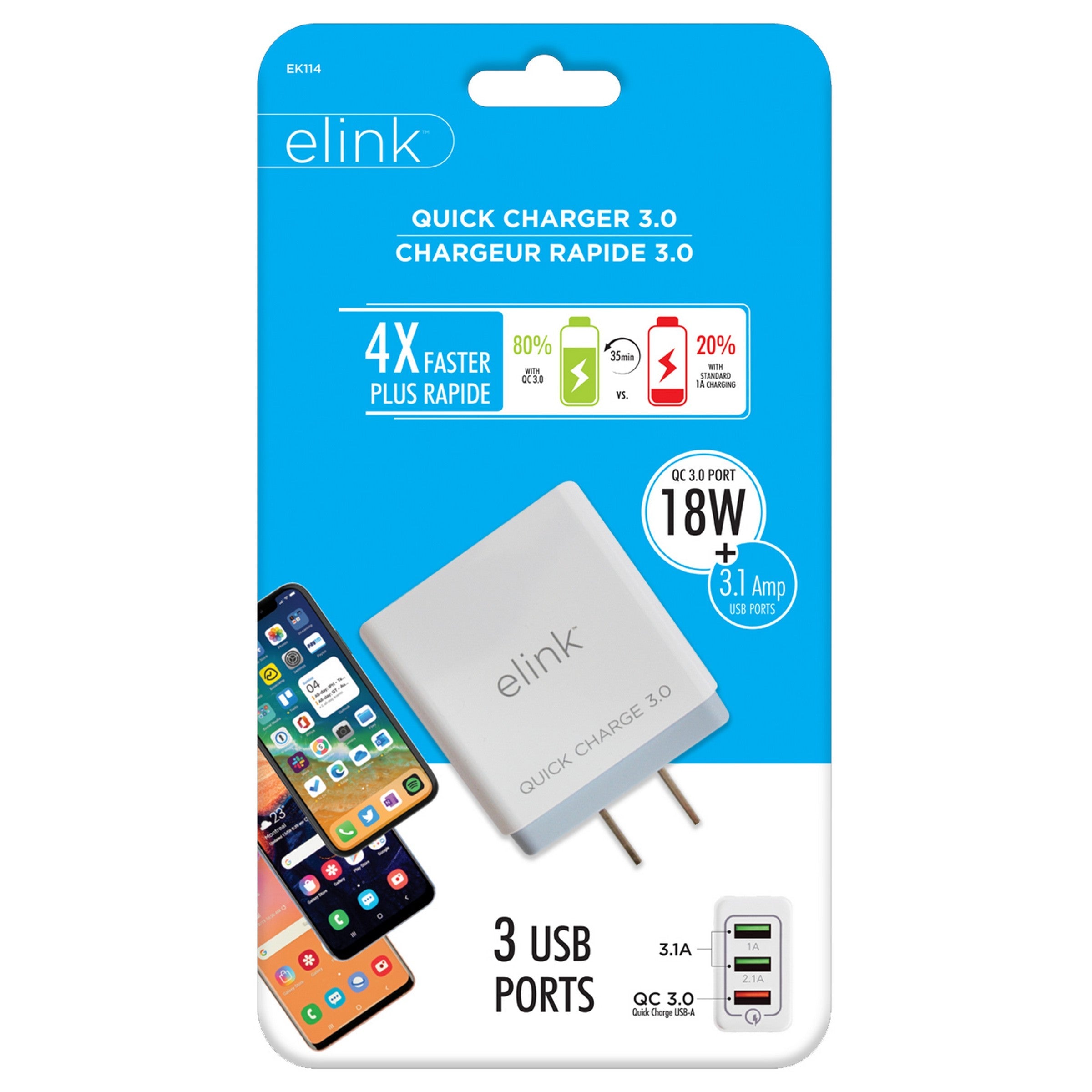 elink Quick 3.0 Charger with 3 USB Ports 