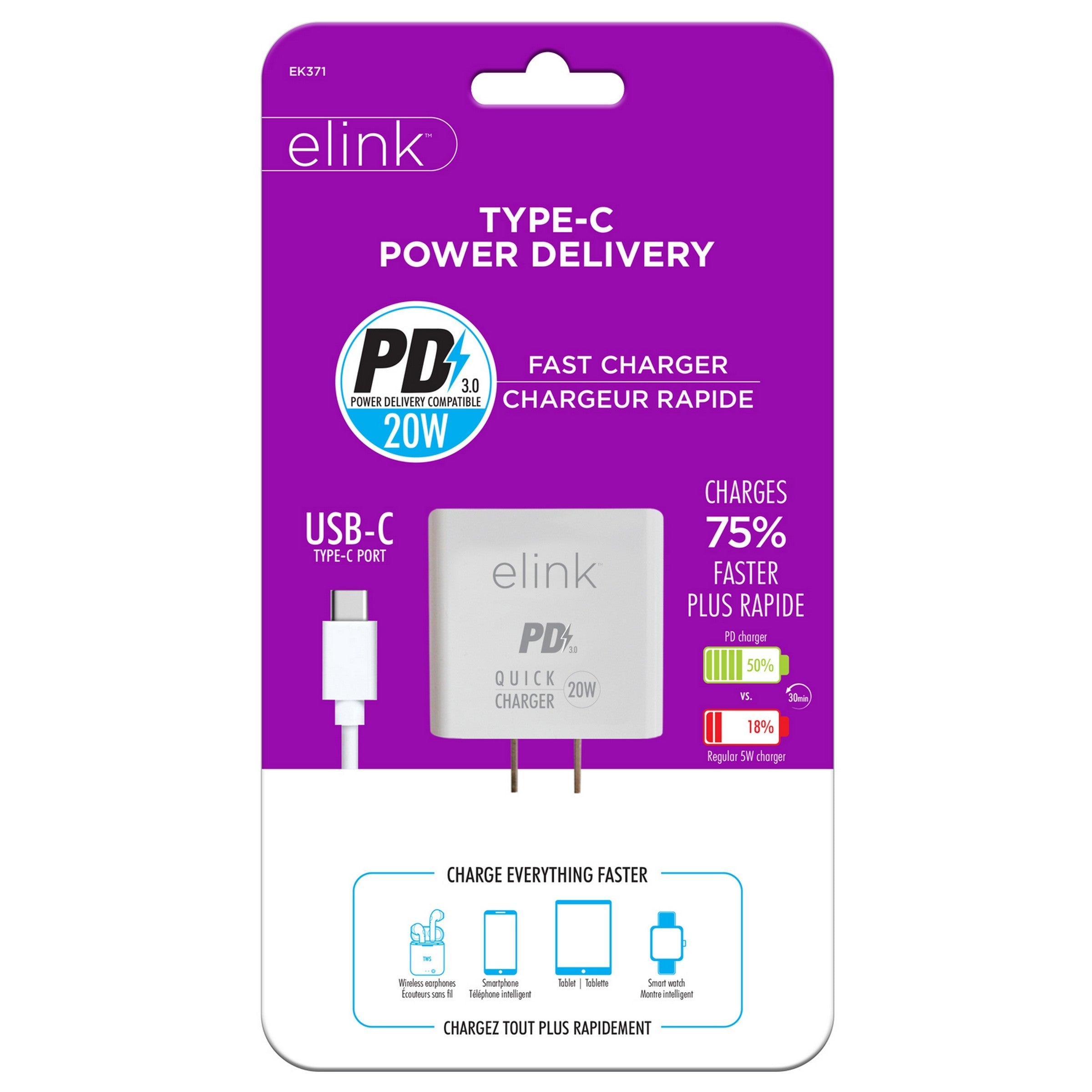elink Type-C Power Delivery Charger 1.6x1.6x1.2in 