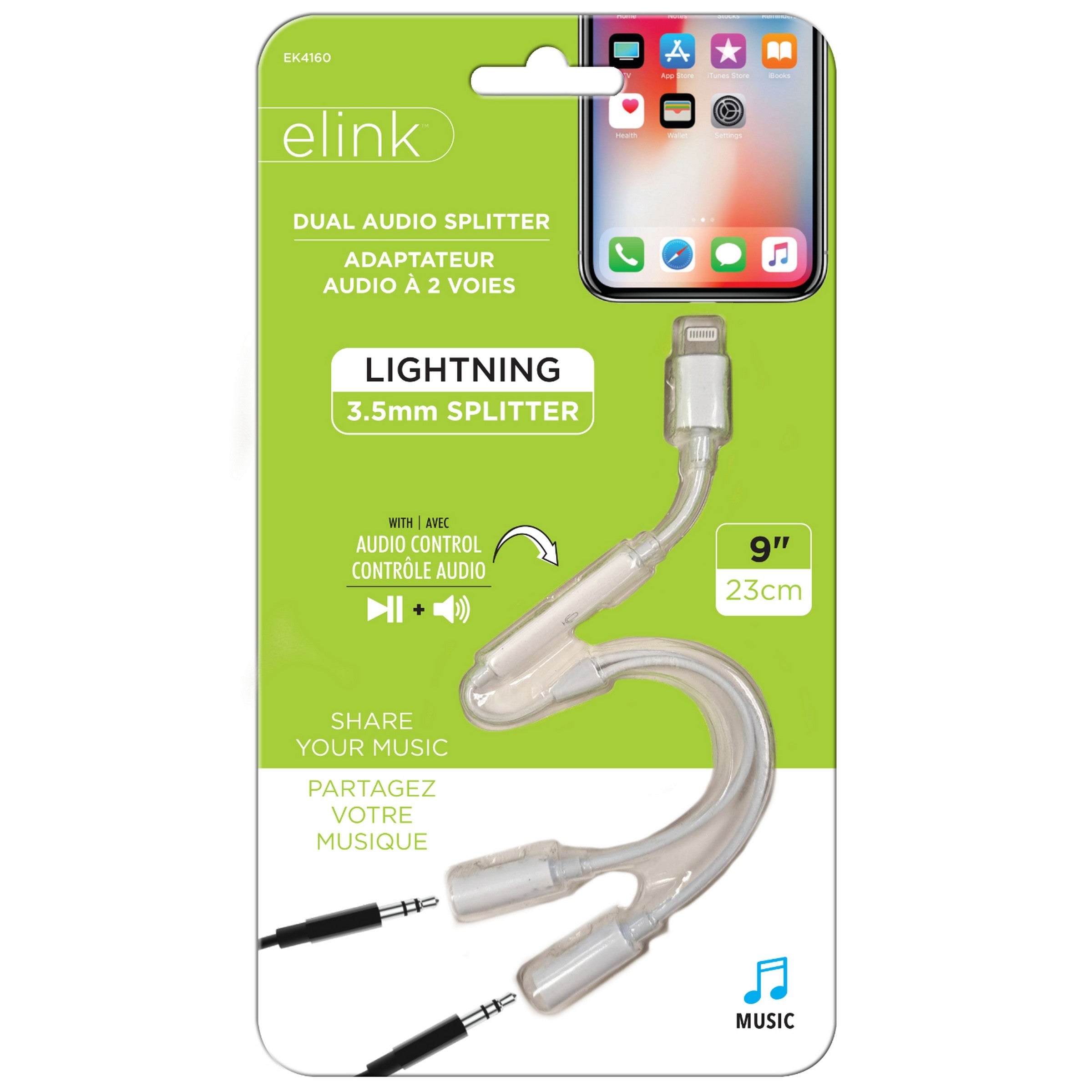 elink Lightning to 3.5mm Dual Audio Splitter 9in