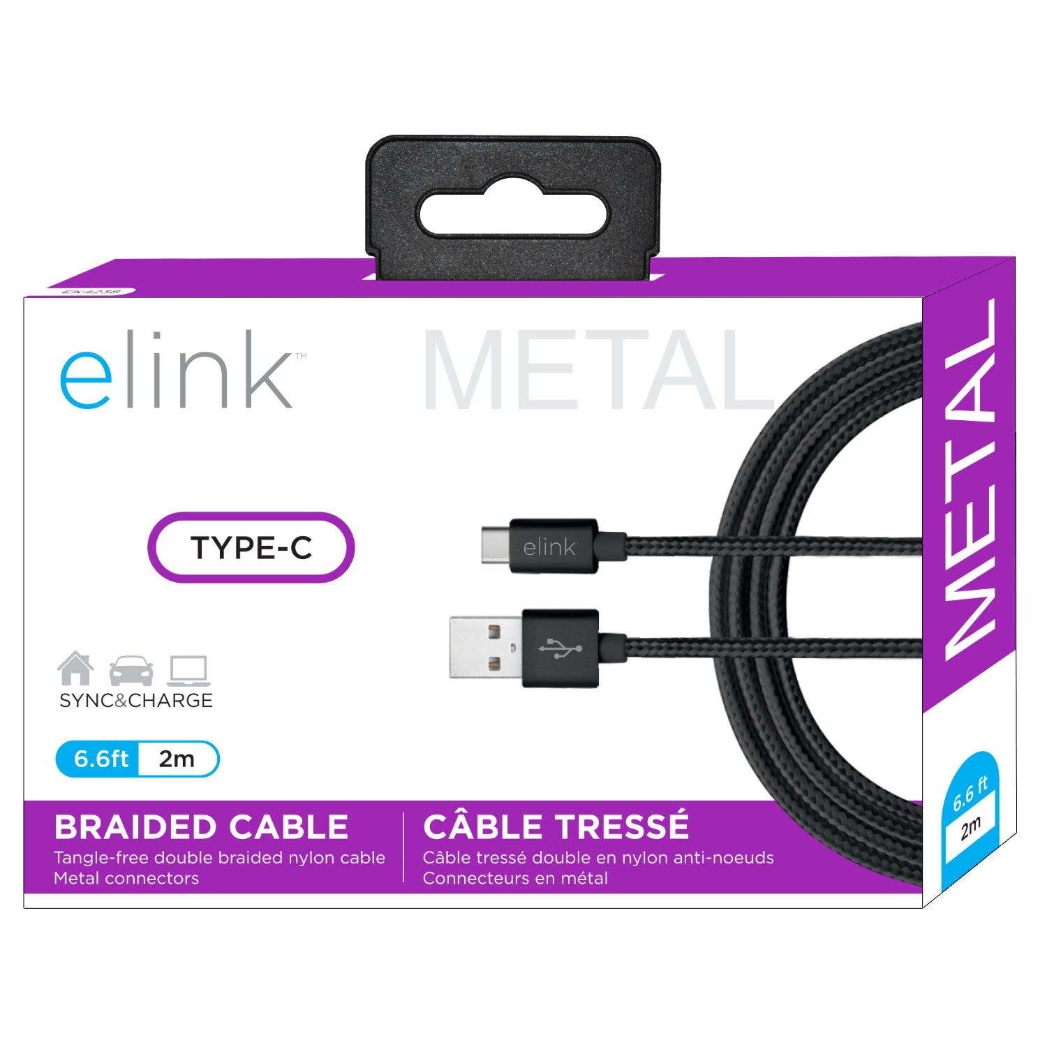 elink Black Type-C Braided Cable 6.6ft (2m) 