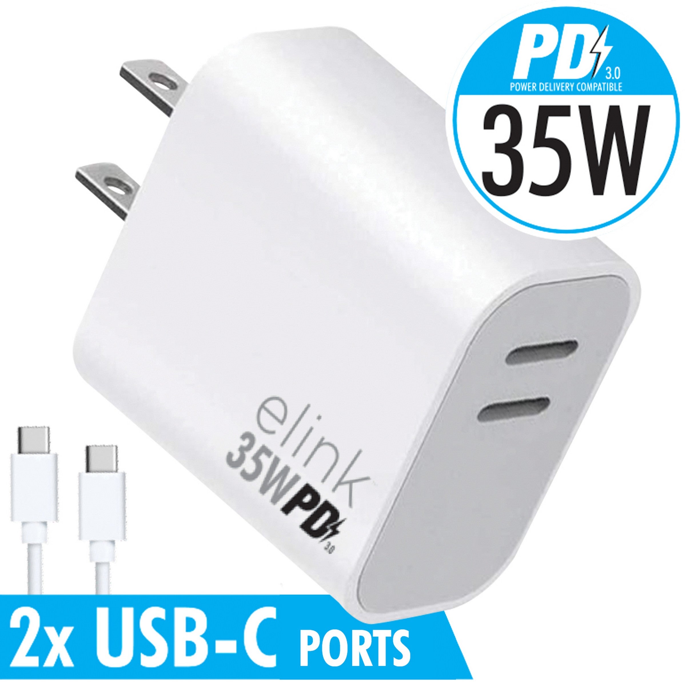 elink Type-C Power Delivery Wall Charger with 2 USB-C Ports 1.6x1.5x1.1in