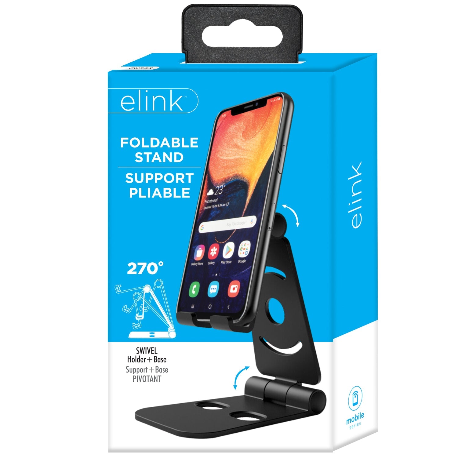 elink Foldable Phone Stand - Black Plastic 4.1x3in Base 