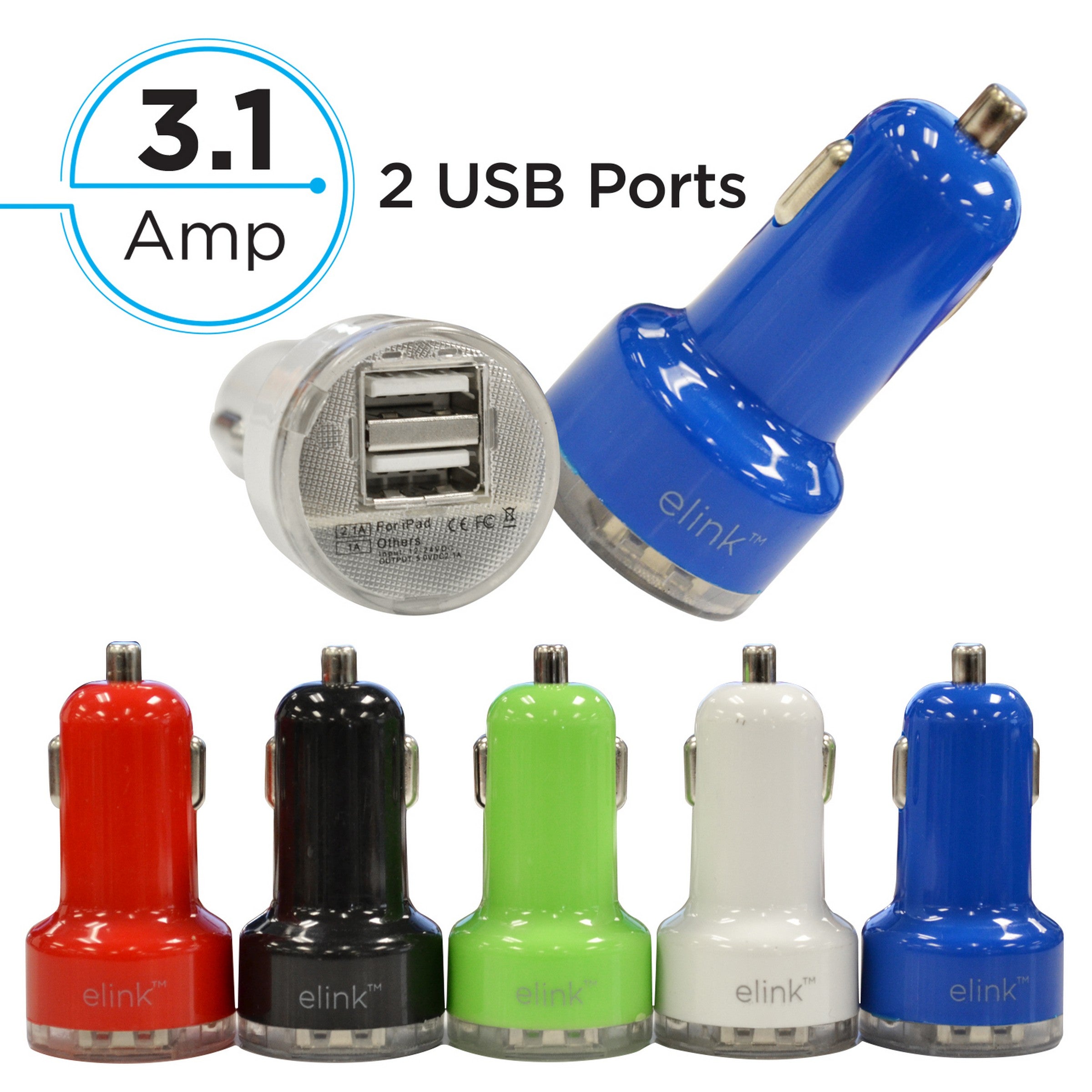 elink Double 2.1a and 1a USB Car Charger 2.4in VRT
