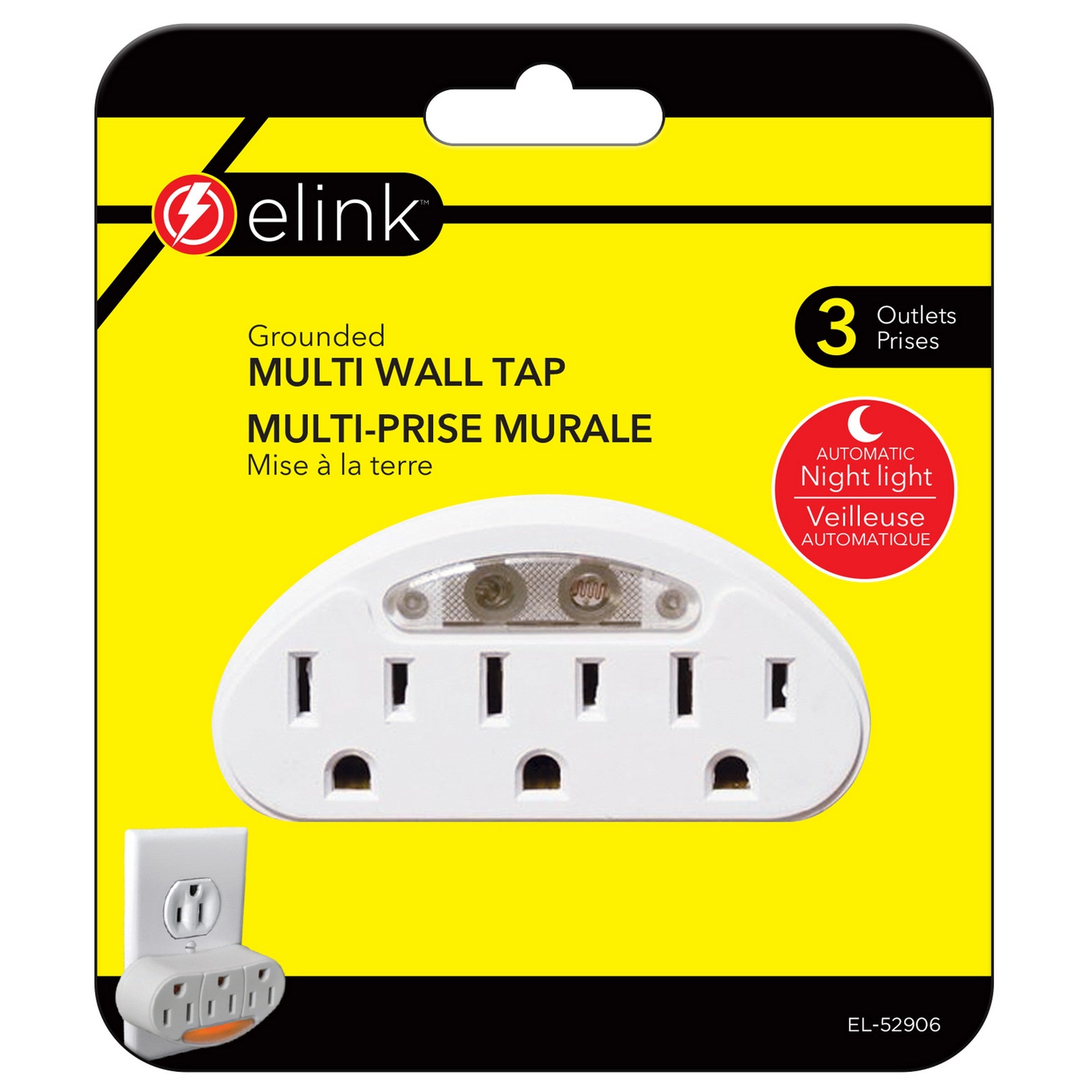 elink Multi Grounded Wall Tap with Automatic Night Light - 3 Outlets 3.5x1.75x1in 