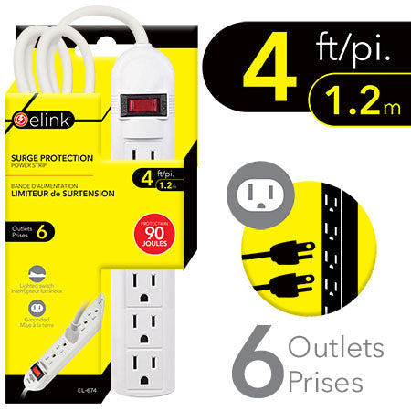 elink White Power Strip - 6 Outlets 4ft (1.2m) 