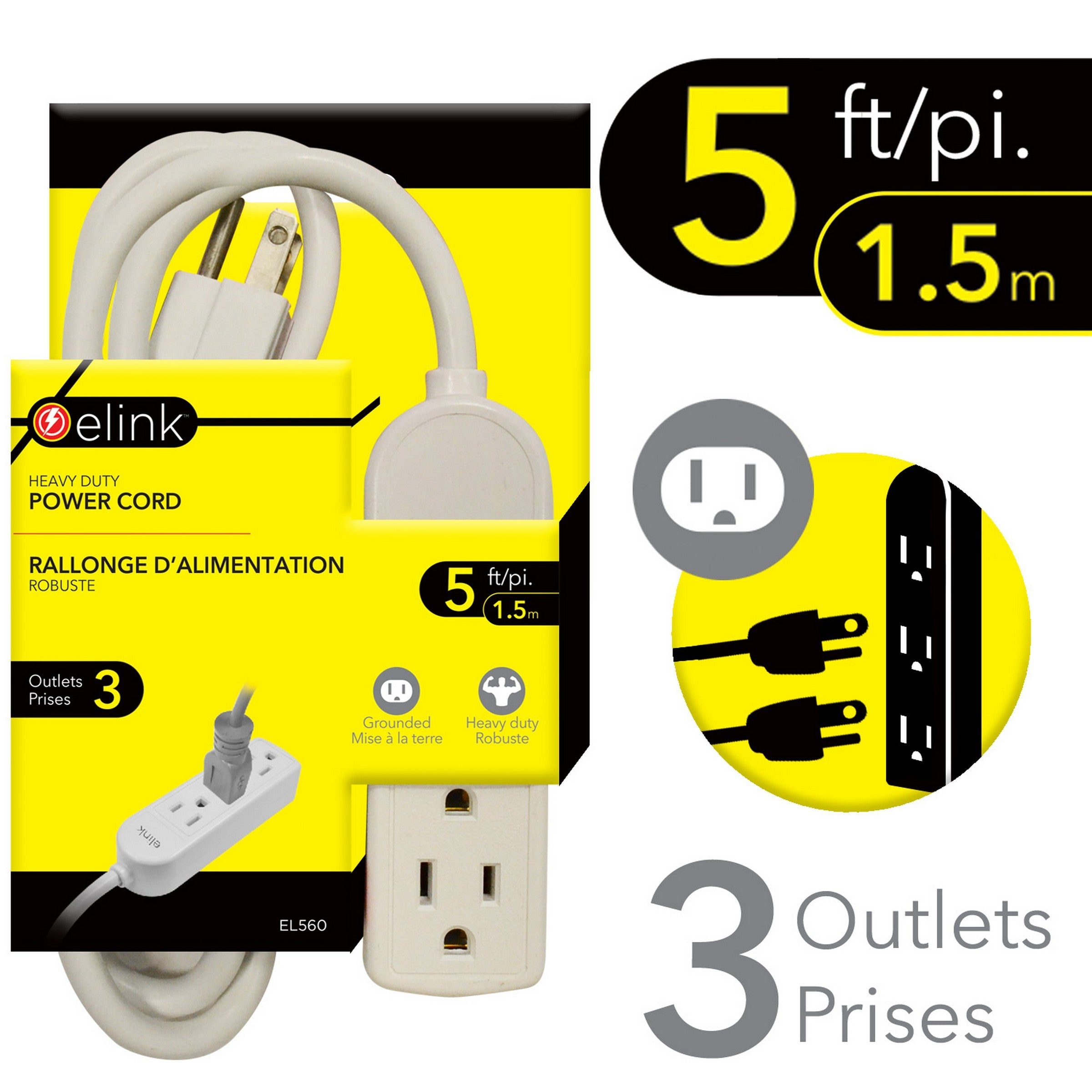 elink Grounded White Power Cord with 3 Outlets 5ft (1.5m) 