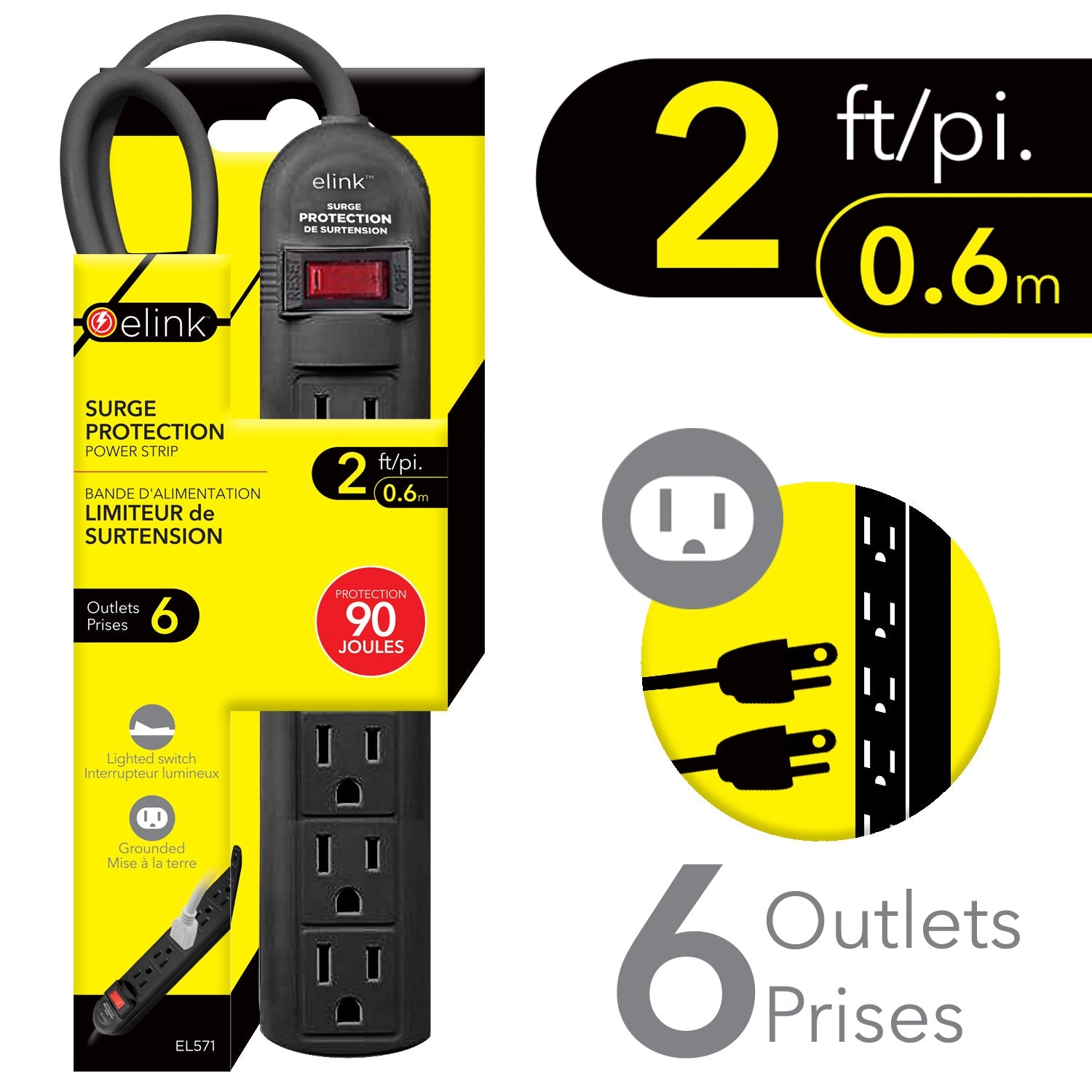 elink Black Power Strip - 6 Outlets 2ft (0.6m) 