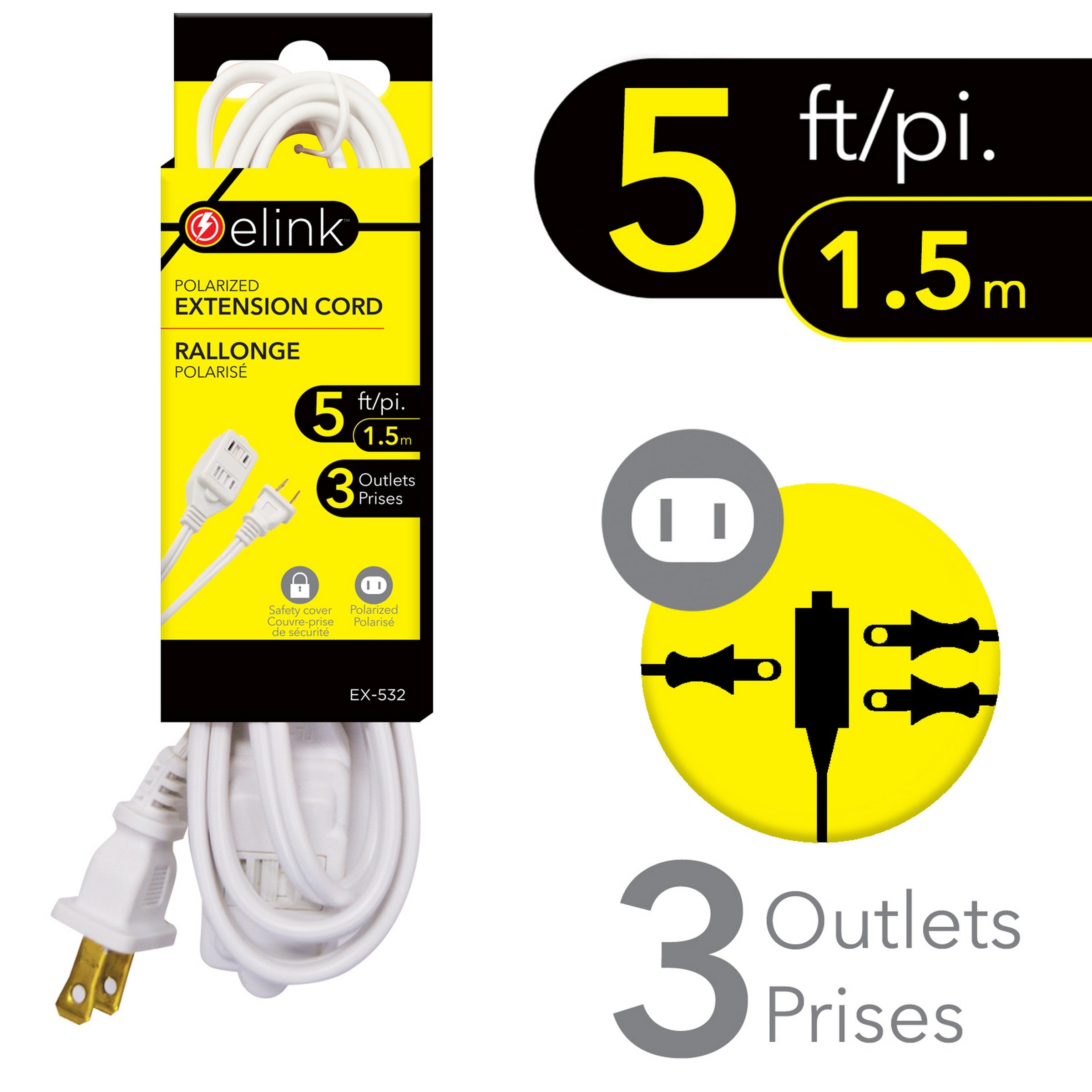 elink Polarized Indoor Extension Cord - 3 Outlets 5ft (1.5m) 