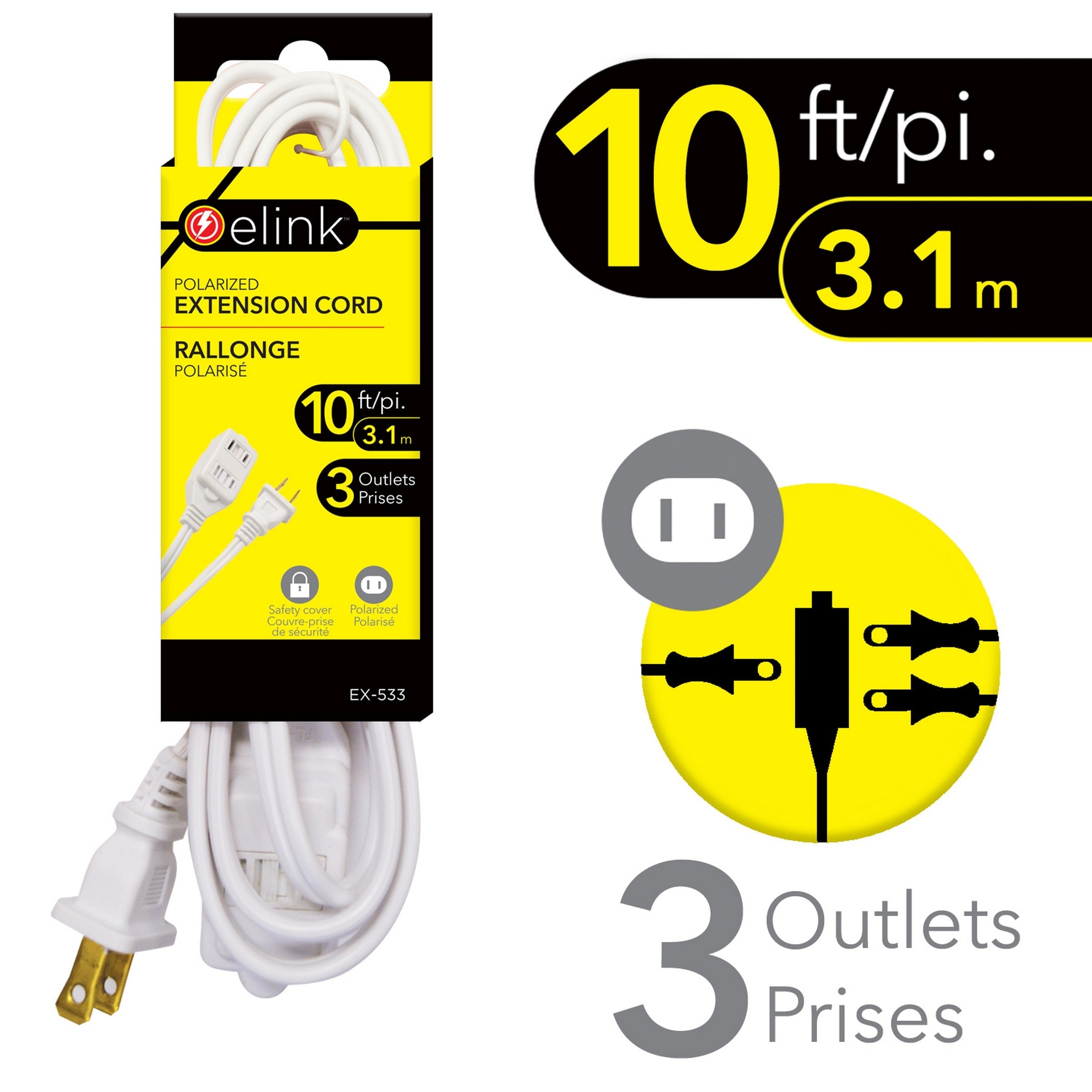 elink Polarized Indoor Extension Cord - 3 Outlets 10ft (3m) 