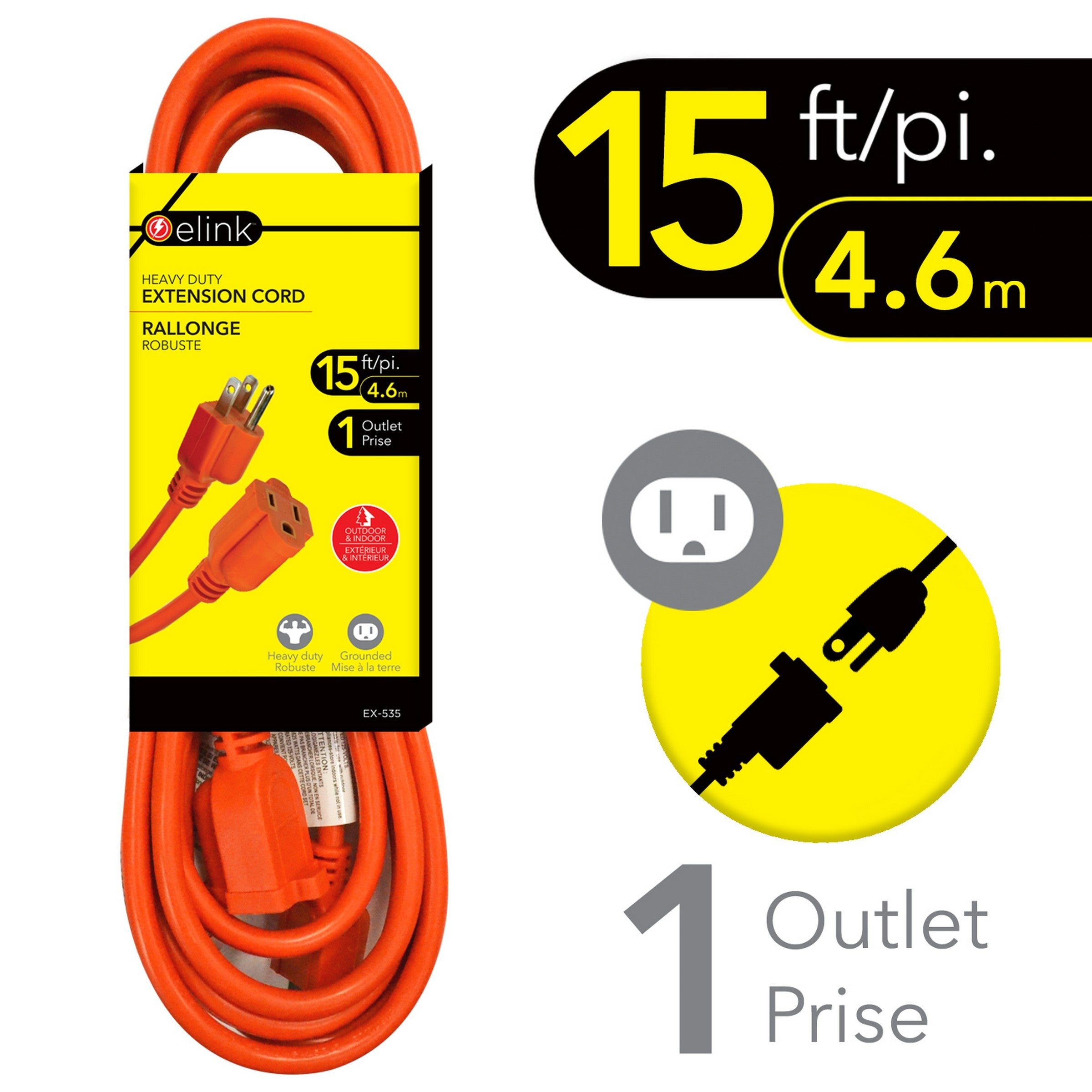 elink Orange Heavy Duty Extension Cord - Outdoor 15ft (4.6m) 