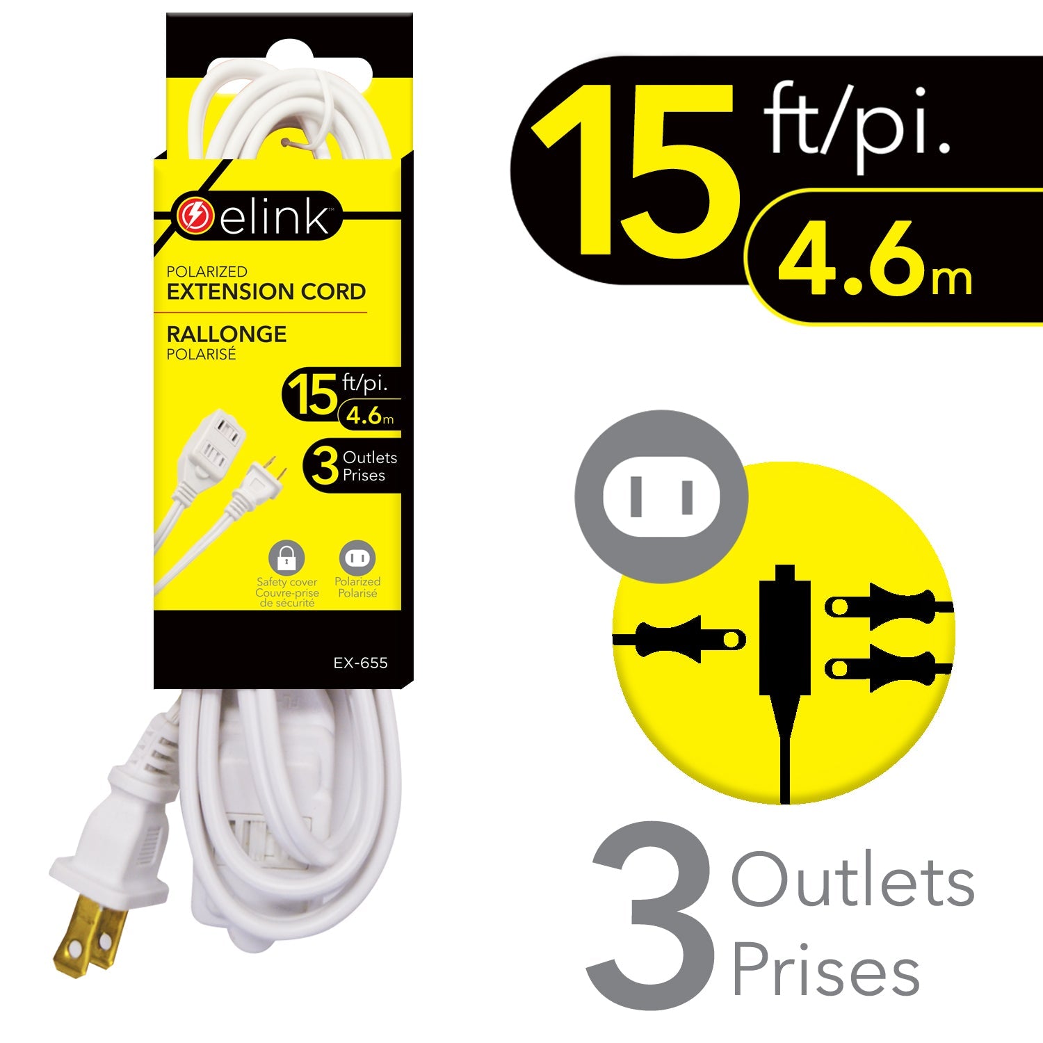 elink Polarized Extension Cord - 3 Outlets - Indoor 15ft (4.6m) 
