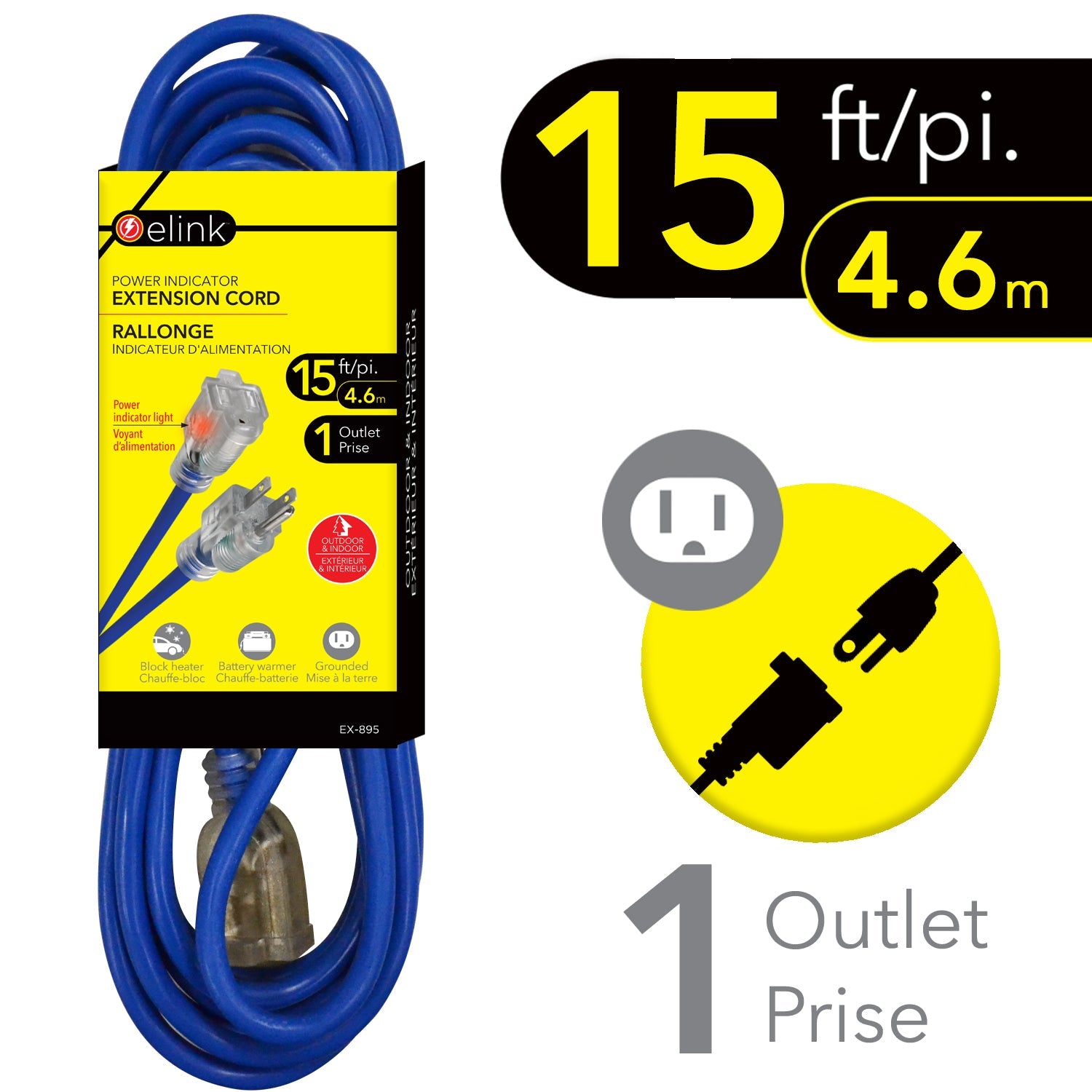 elink Blue Extension Cord - Power Indicator Light 15ft (4.6m)