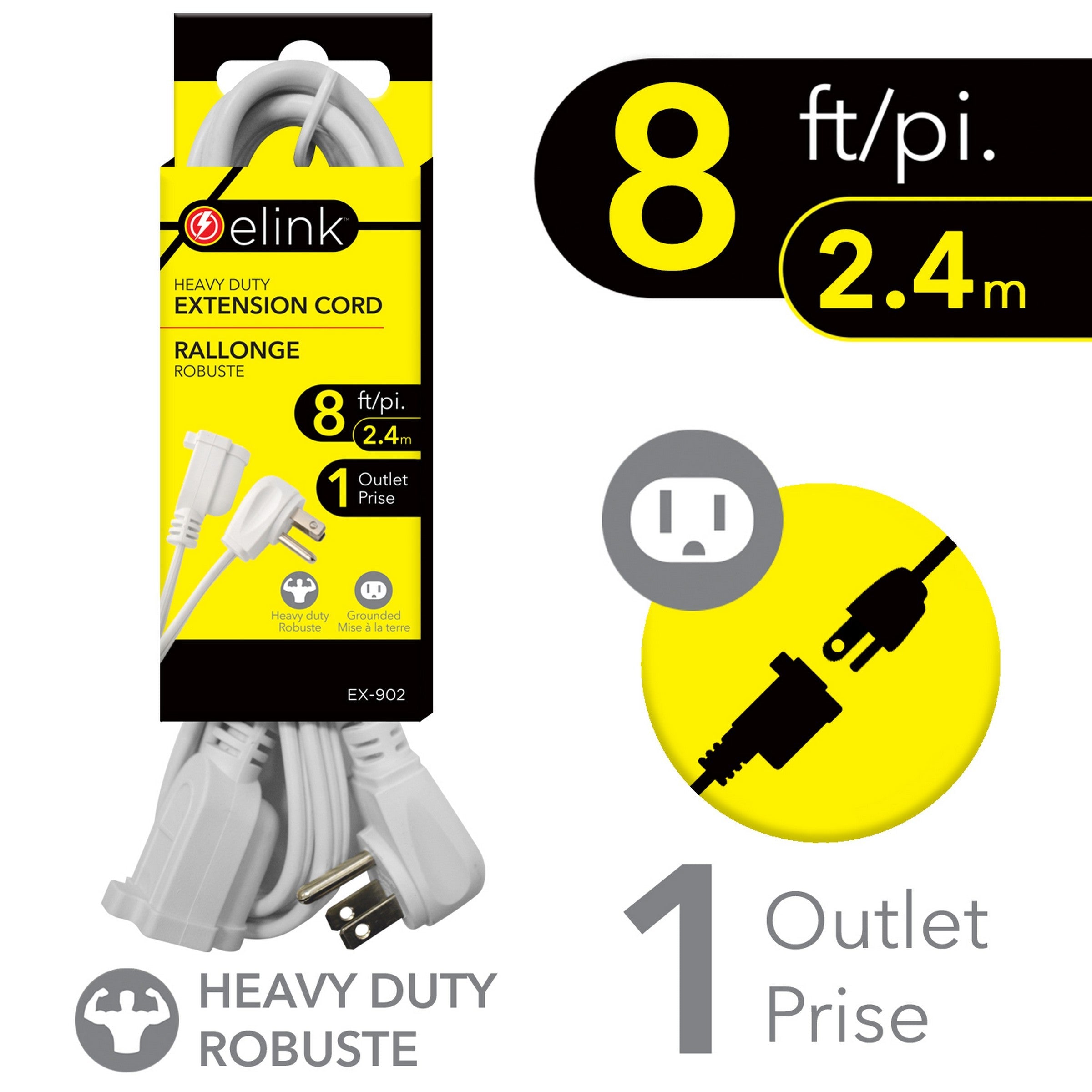 elink White Indoor Extension Cord - Heavy Duty 8ft (2.4m) 